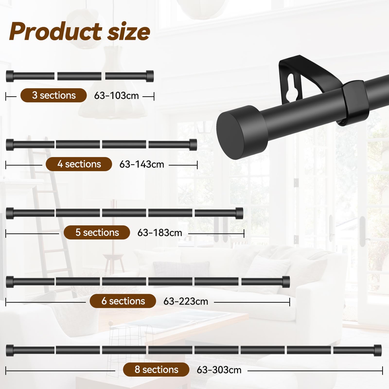 Asta Per Tende Regolabile DEFYNEE 80-183 Cm Nera - Diametro 25 Mm Con Staffa E Terminali - Foto 6