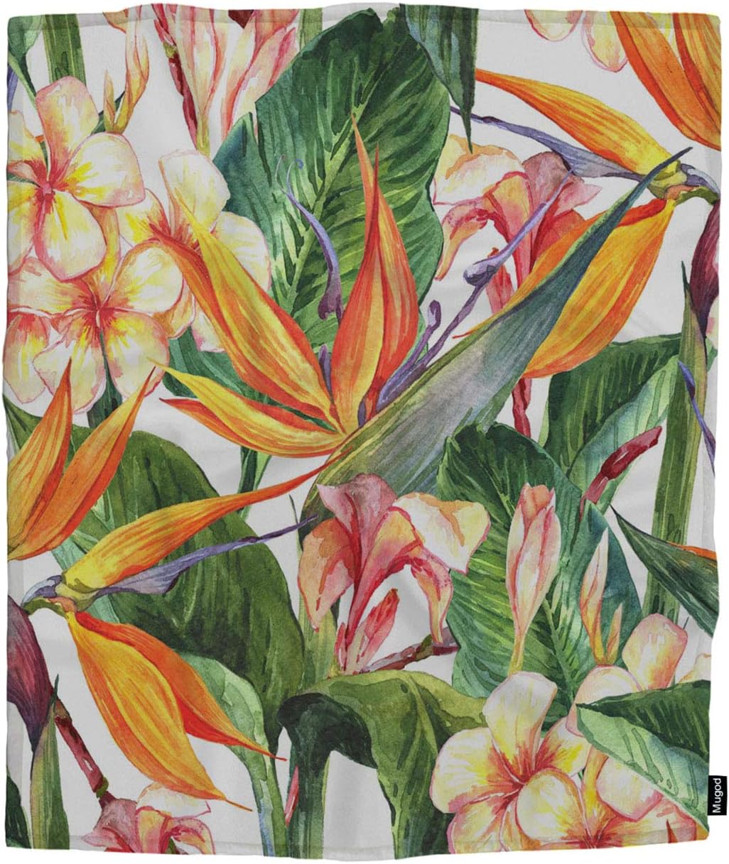 Mugod Tropical Flowers Throw Blanket Seamless Exotic Floral Pattern Bird of Paradise Decorative Soft Warm Cozy Flannel Plush Throws Blankets for Bedding Sofa Couch 50 X 60 Inch