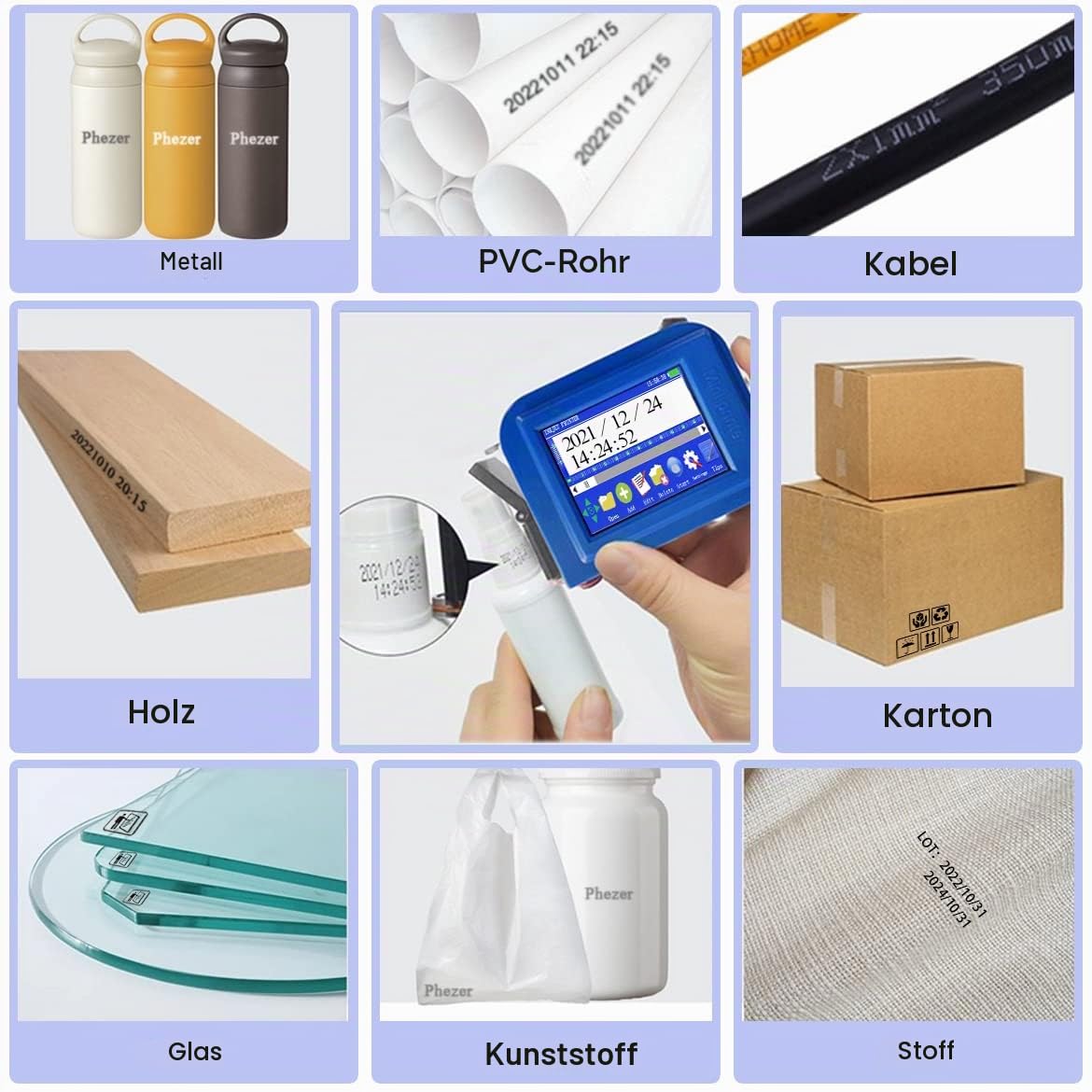 Phezer Upgraded Mini Inkjet Printer for Flat and Curved Surface PC11 Plus, 25 Languages & Quick-Drying Ink Cartridge, Portable Pocket Marking Device for Date Time Barcode Logo Qrcode Batch Number