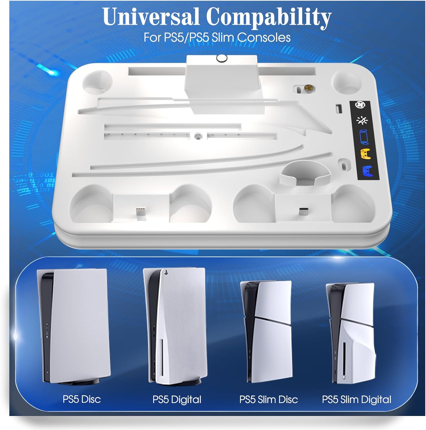 PS 5 and PS Portal Stand, Multi-Functional P5 Cooling Station and Controller Charger for PS-5 Dualsense and Edge Controller, Include Headset Holder - White - Image 5