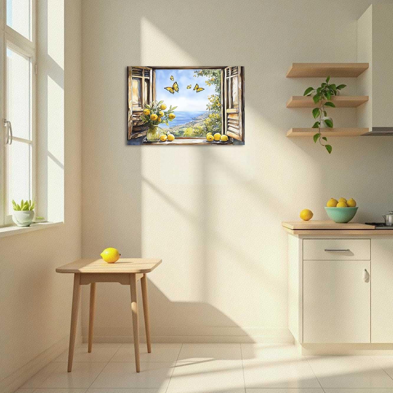 ZXHYWYM Lemon Wall Art Lemon Pictures for Kitchen Butterfly in Window Bathroom Decor Watercolor Summer Painting Yellow Fruit Prints Blue Beach Dining Room (12" x 18")