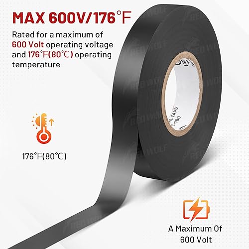 Miniatura 5 de RED WOLF Cinta eléctrica de vinilo de 1 pulgada x 66 pies, 5 rollos, cinta eléctrica de PVC con certificación UL CSA de 7 mil de grosor, resistente