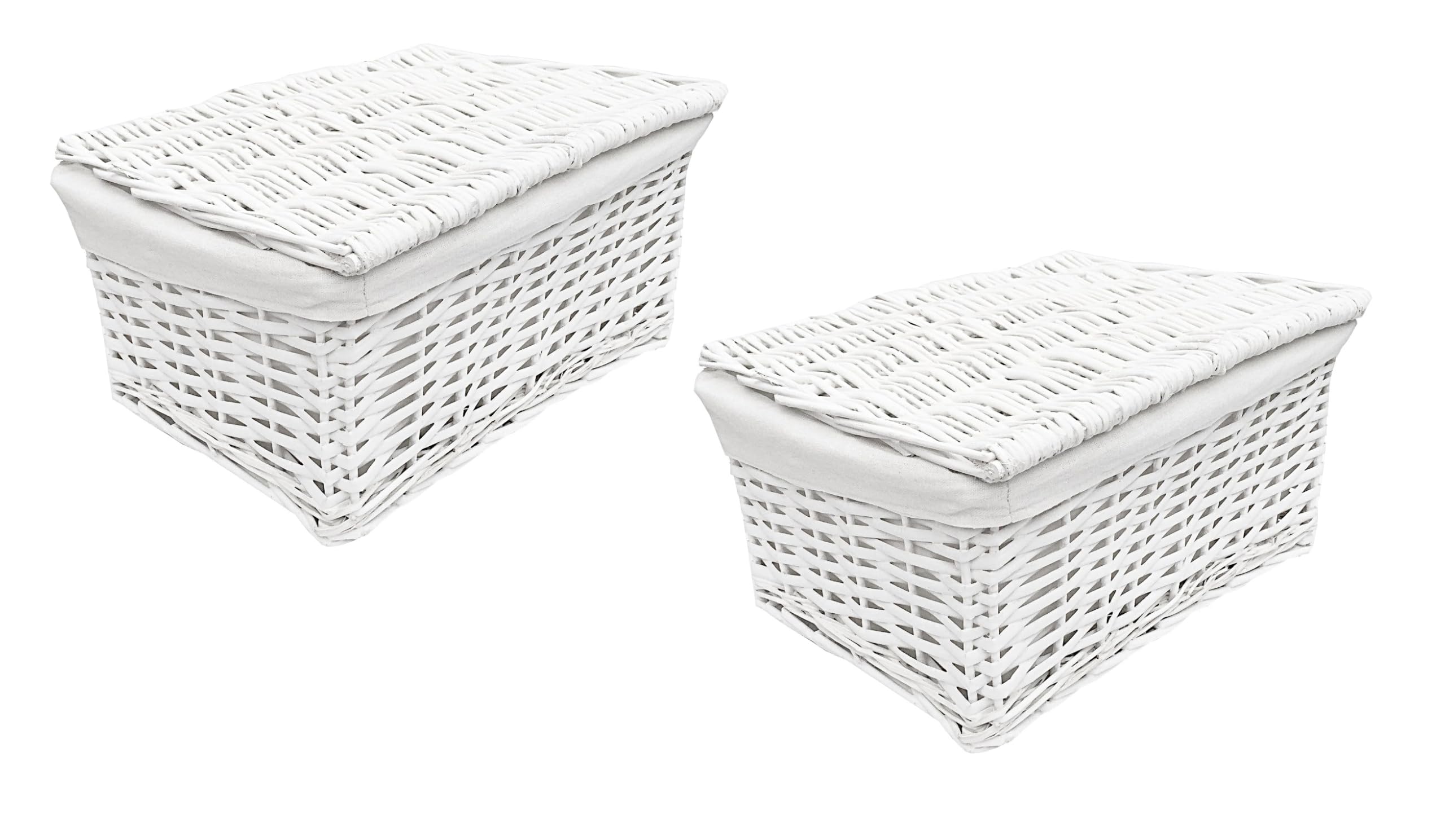 Topfurnishing White Lidded Wicker Storage Toy Box Empty Xmas Hamper Basket Lining Set Of 2 Large (40X30x20cm)