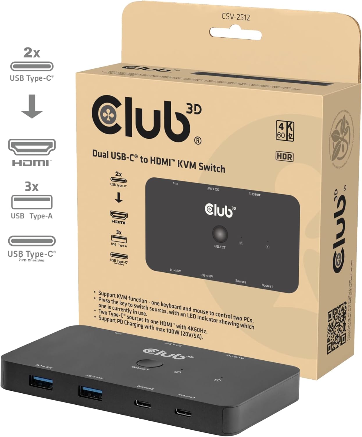 Club3D CSV-2512 Dual USB-C to HDMI PD3.0 KVM Switch 100W 4K60Hz