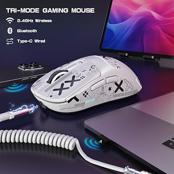 ATTACK SHARK X3MAX Wireless Gaming Mouse PixArt PAW3950 Gaming Sensor Max 42K DPI 100% Micro 49g Lightweight Tri-mode BT5.2/2.4Ghz/Wired Coiled Mouse White & Tape
