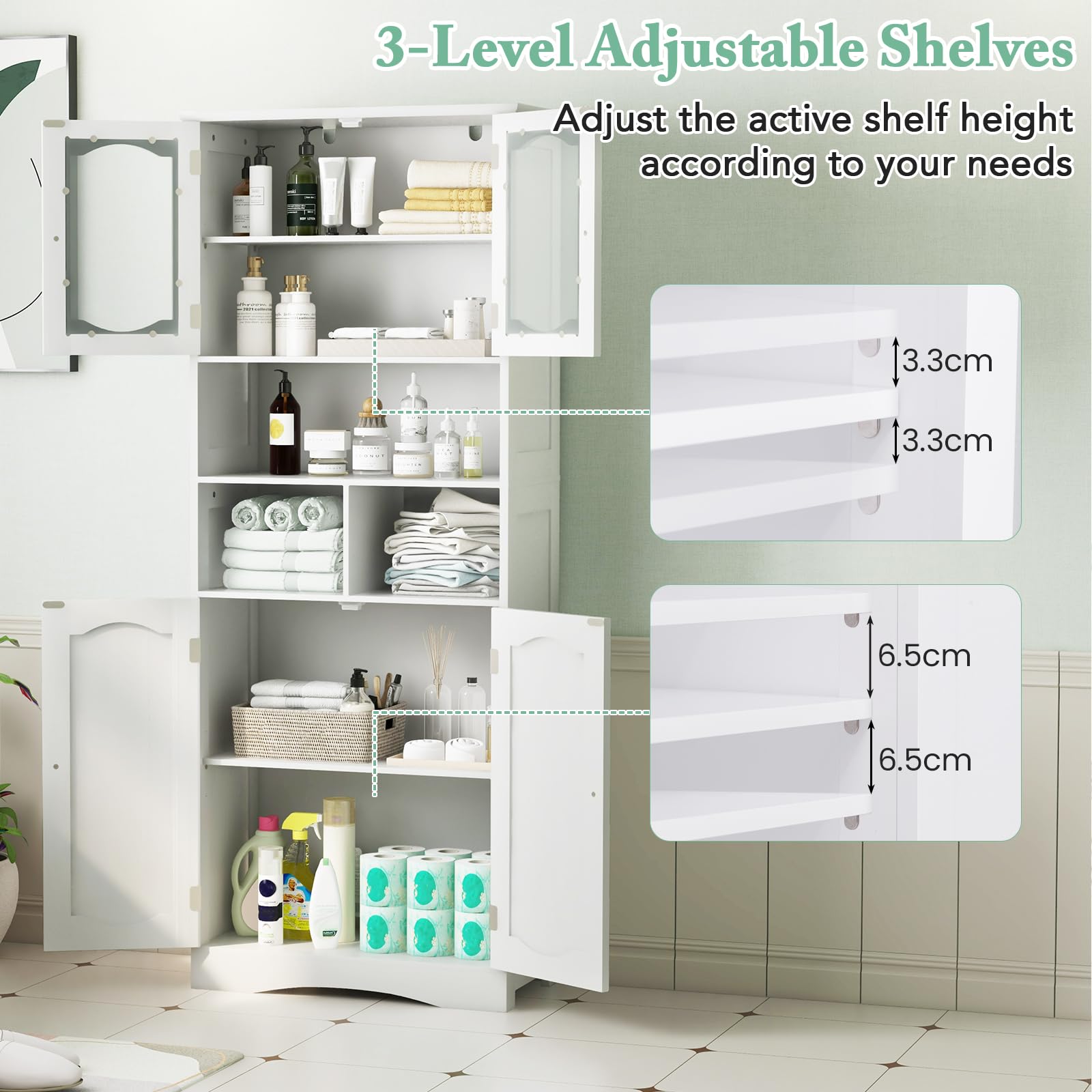LIFEZEAL Mobile Bagno, Mobiletto Bagno Salvaspazio, 60x30x148,5cm, Armadietto Alto con Ante in Vetro e Ripiani Regolabili, Arredo Indipendente, Armadio Multiuso per Cucina e Soggiorno, Credenza Bianco