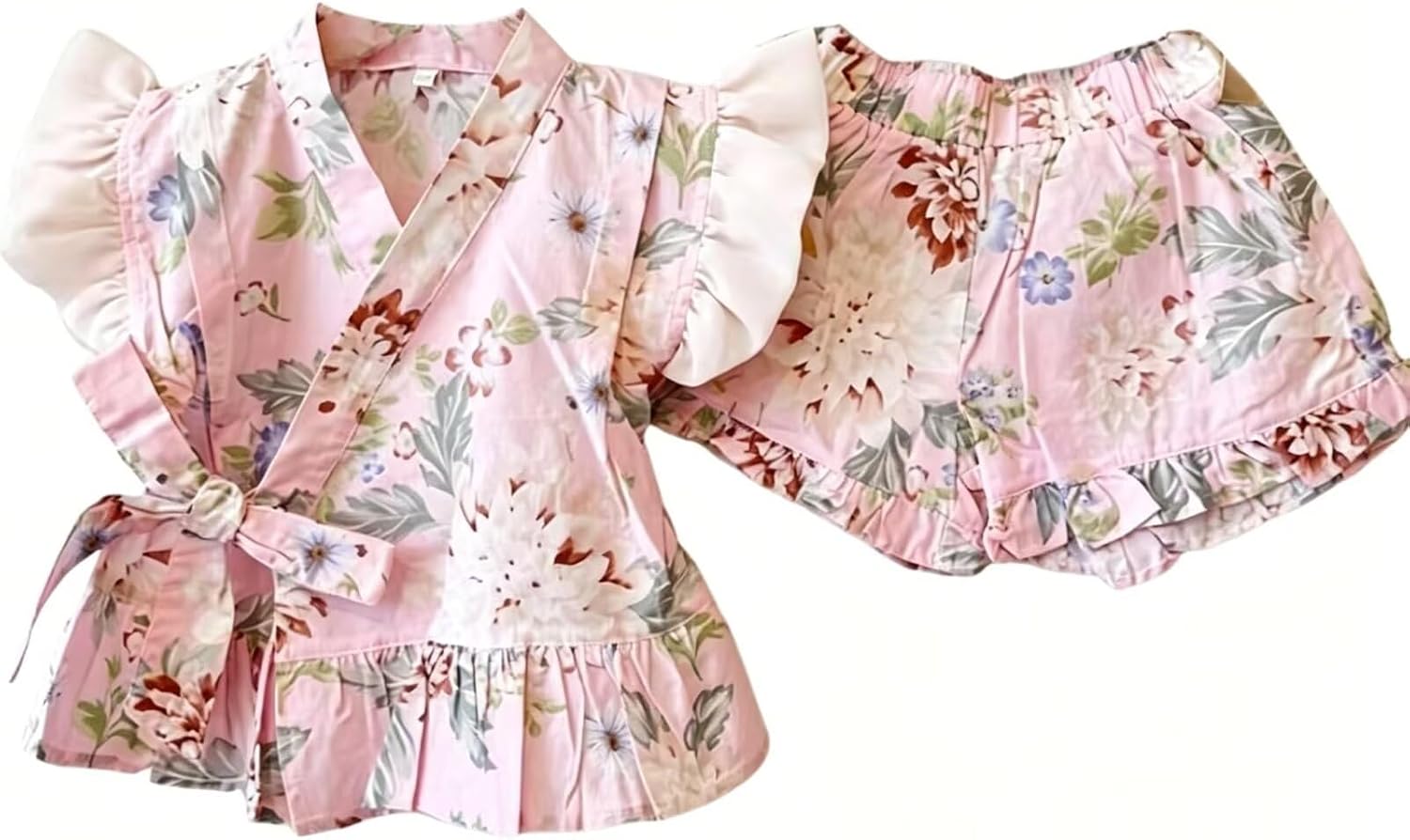 Kids Girls Kimono Cute Lightweight Top and Shorts Set Cotton Japanese Yukata Casual Outfit