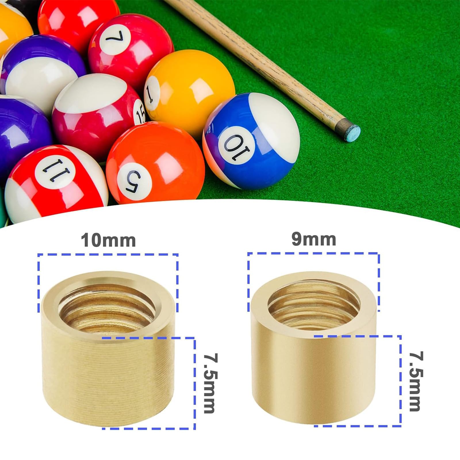 CVNRCLP 10PCS Snooker Pool Cue Ferrules - Brass Cue Tip Replacement Accessories (5PCS Each - 9mm & 10mm) for Billiards Repair - Image 2