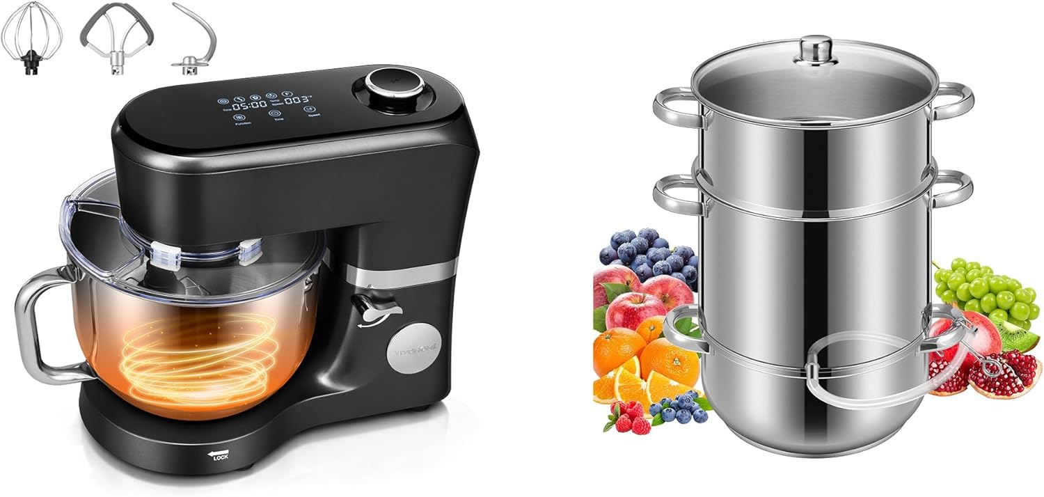 VIVOHOME Stand Mixer with Fermentation, One-Touch Presets, and 6 Qt Bowl, Black, and VIVOHOME Stainless Steel Juicer Steamer Pot 11 Qt with Tempered Glass Lid