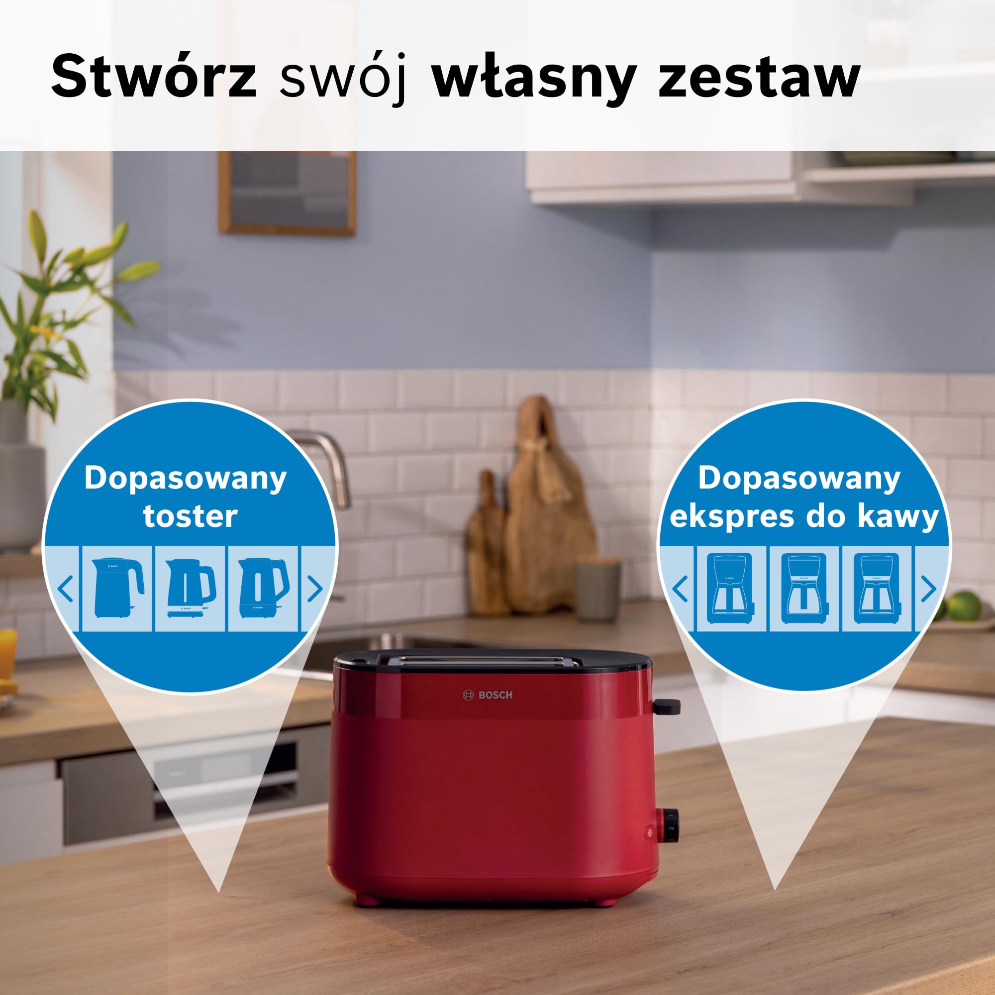 Bosch, toster, MyMoment, pojemnik na 2 kromki, podgrzewanie, rozmrażanie, ruszt na bułki, funkcja wysokiego podnoszenia, automatyczne wyłączanie, czerwony, TAT2M124