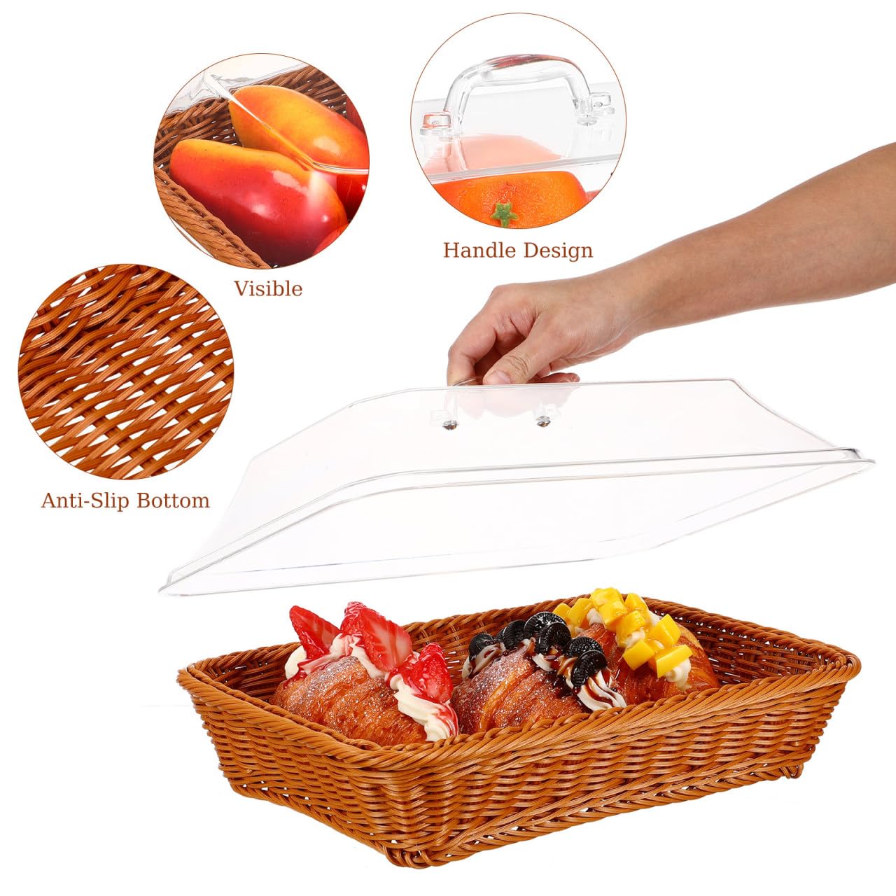 Cesta de pan tejida de mimbre para servir, cesta de pan de ratán de imitación con tapa acrílica, cesta tejida de mesa para servir alimentos, cesta de frutas para cocina y restaurante