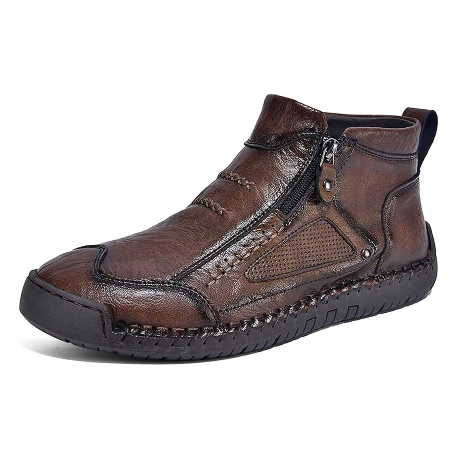 YHTRFDMSG Men's High Top Loafers Shoes,Handcrafted Leather Waterproof Non-Slip Orthopaedic Ankle Boots Side Zipper Hiking Orthopedic Fleece Slip-On Footwear for Outdoor Walking — view 10