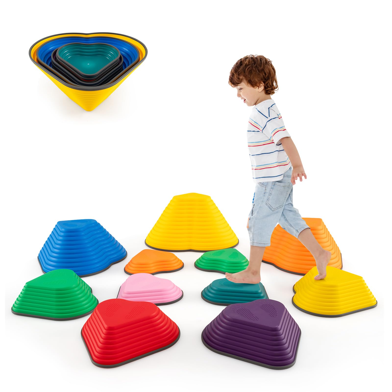 GOPLUS 11 Piezas de Piedras para Niños, Bloques de Equilibrio para Interior y Exterior con Bordes Antideslizantes para Niños, Colorido Juego de Coordinación en Forma de Corazón Juguetes Sensoriales