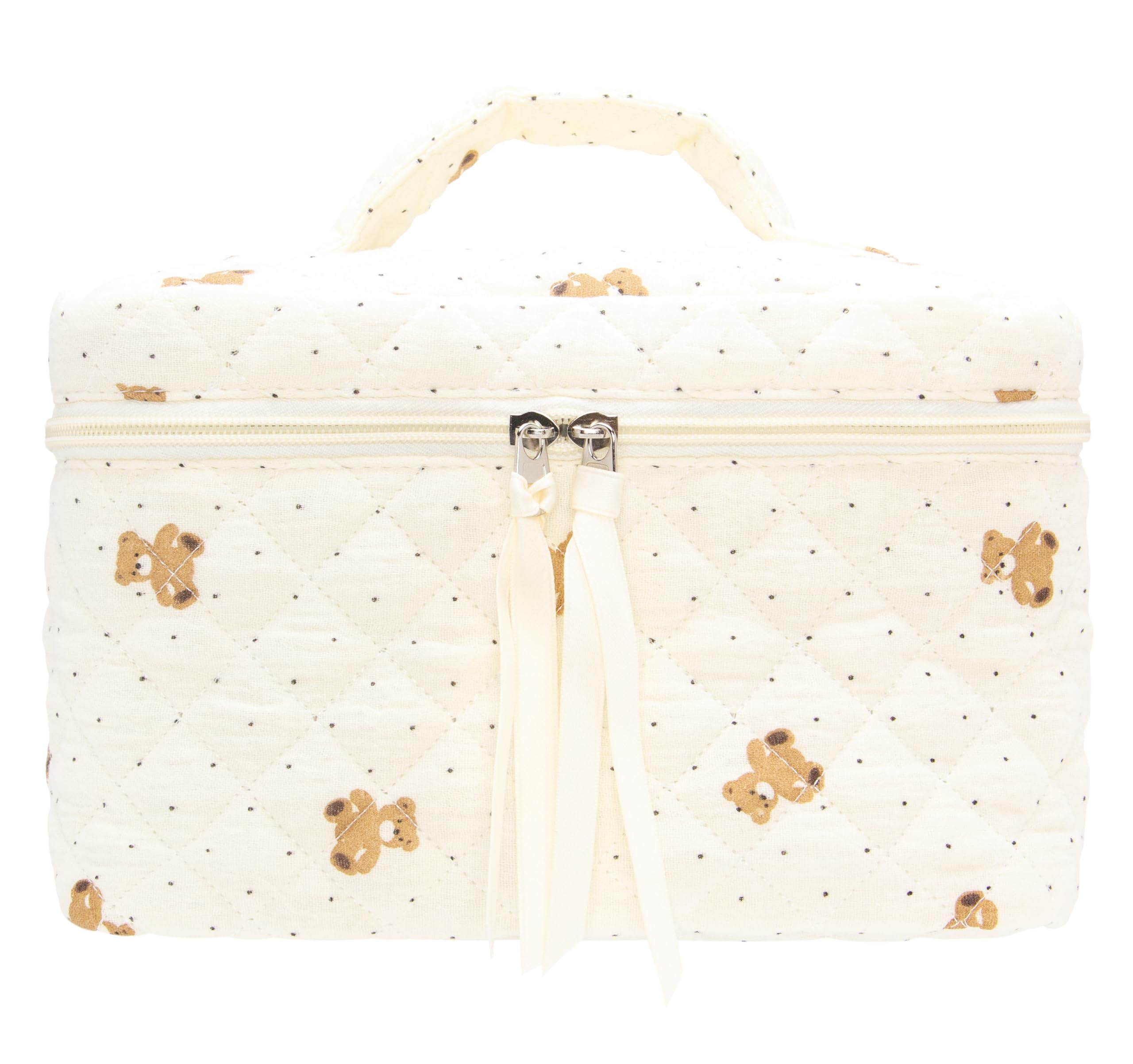 PAZIMIIK Quilted Makeup Bag Large Travel Zipper Soft Cosmetic Case for Women Girls Make Up,Gauze Bear