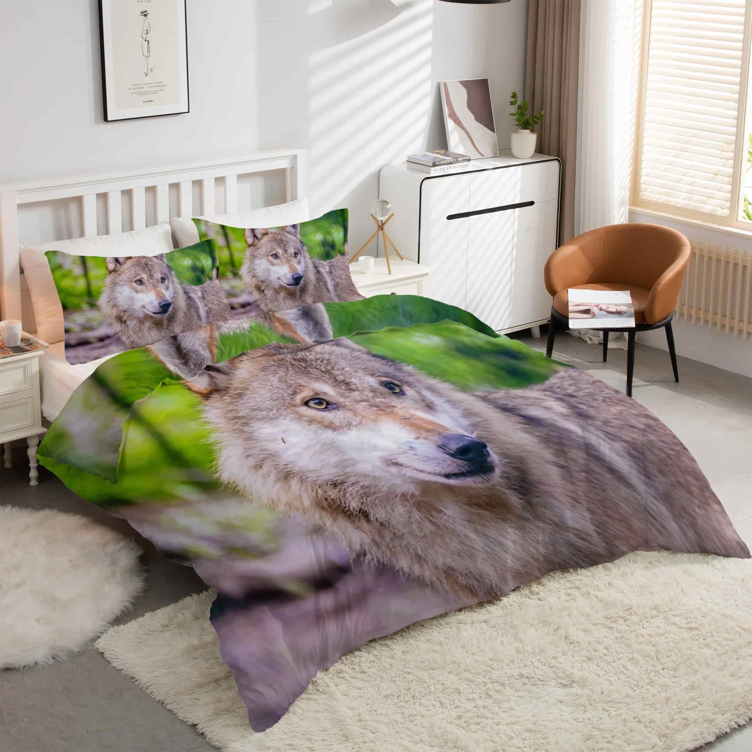 Parure de lit loup gris 90x190 avec housse de couette en microfibre et taies d'oreiller