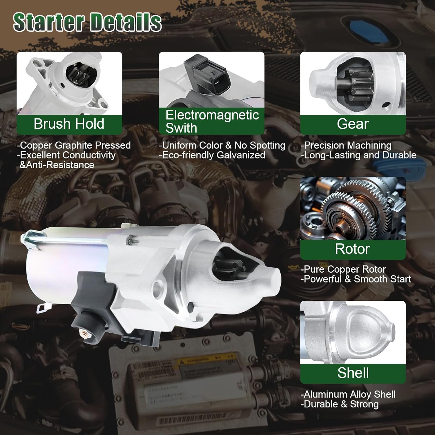 17960 Starter Motor Replacement Compatible with Honda Accord 2006-2012 2.4L, CR-V Element 2007-2011, Civic Si 2006-2011 2.0L, Acura TSX 2006-2014 L4 OE 31200-RAA-A61 31200-RRA-A51