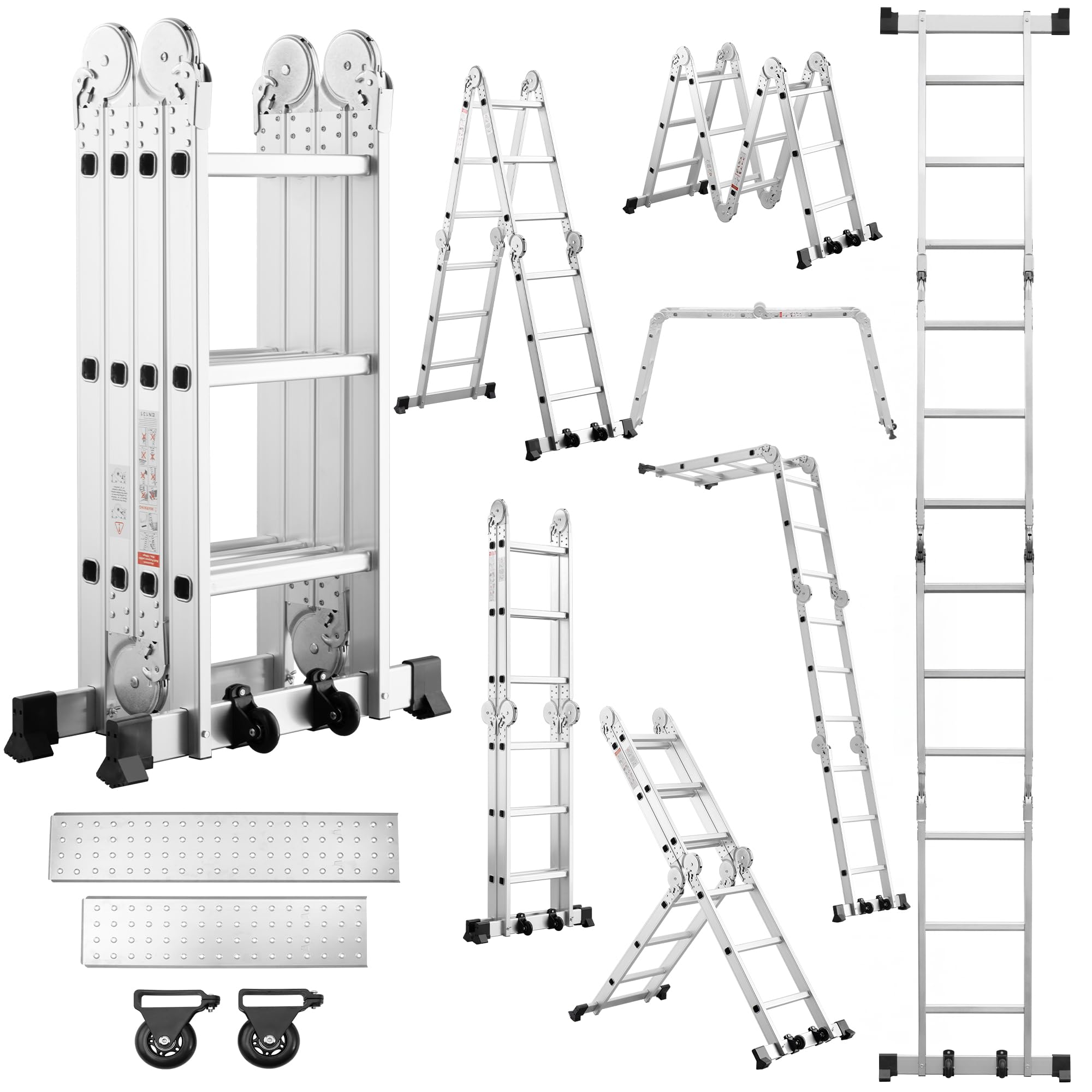 TEENO Échelle Multifonction 7 en 1, 3.6 M, 4x3 marches, Échelle Pliante en Aluminium avec 2 Plateformes, Pieds en Caoutchouc, 2 Roues Amovibles, 12 échelons, Charge Max 150 kg, Argenté