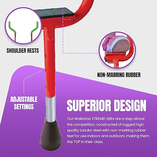 Miniatura 3 de Geospace Air Kicks - Zancos de equilibrio de acero originales Walkaroo Xtreme con elevadores Vert ajustables en altura rojo