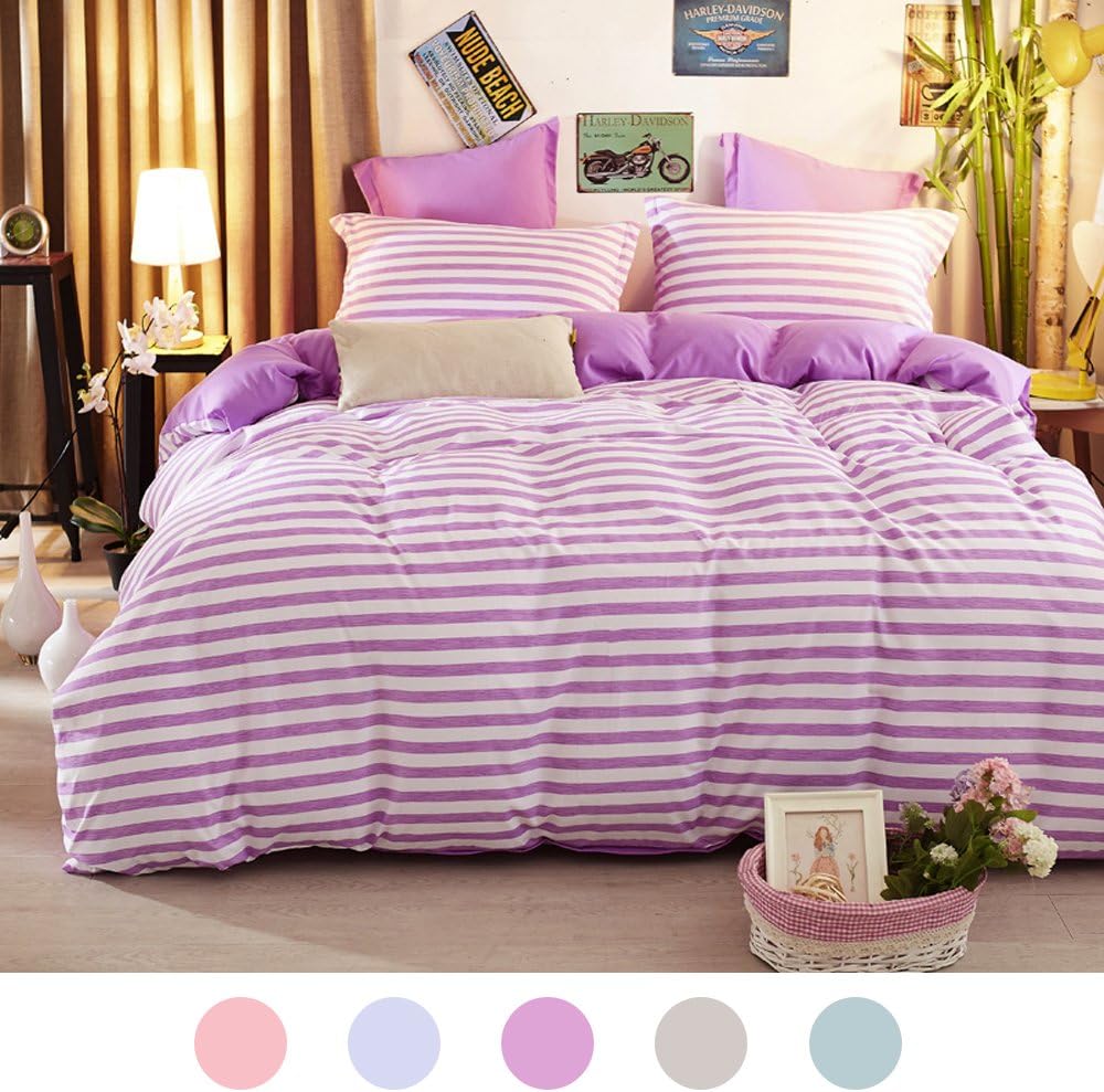 ZHIMIAN Reversible 2 Piece Striped Print Duvet Cover Set with Zipper Closure(1 Duvet Cover + 1 Pillow Sham),Ultra Soft(Twin Purple)