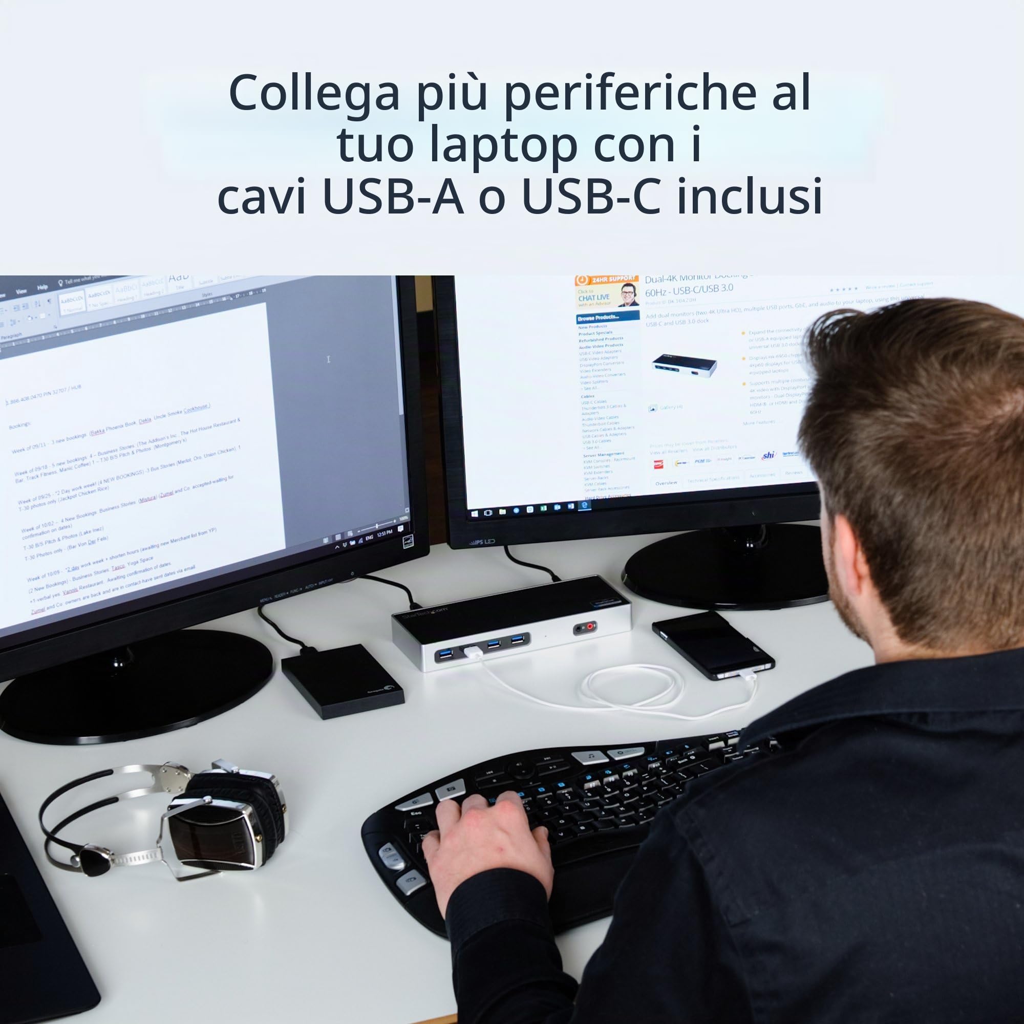 StarTech Dock Ibrido USB-C e USB-A Doppio 4K 60Hz, DP, HDMI, 6x USB-A, GbE | Per laptop USB-C oppure USB-A, Doppio monitor DisplayPort e HDMI, Sei porte USB-A