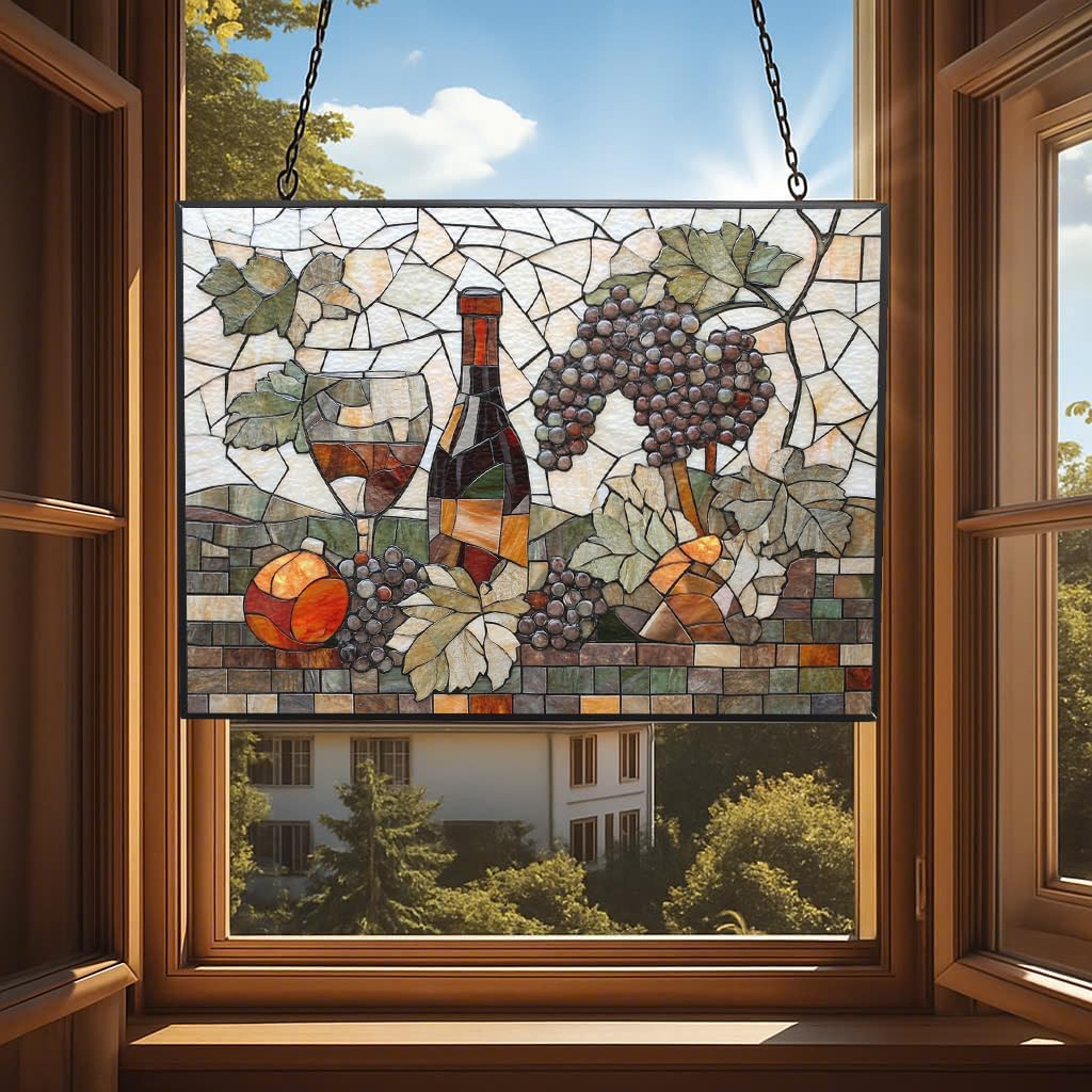 Personalized Rectangle Mosaic Wine and Fruits Suncatcher Stained Glass Stained Glass Window Hanging Home Decor Garden Halloween Christmas Wedding Housewarming Gifts