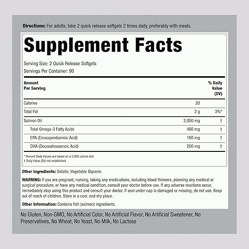 Miniatura 2 de Piping Rock Aceite de pescado de salmón silvestre de Alaska | 1000 mg | 180 cápsulas blandas | Suplementos para humanos | Omega-3, EPA y DHA | Sin