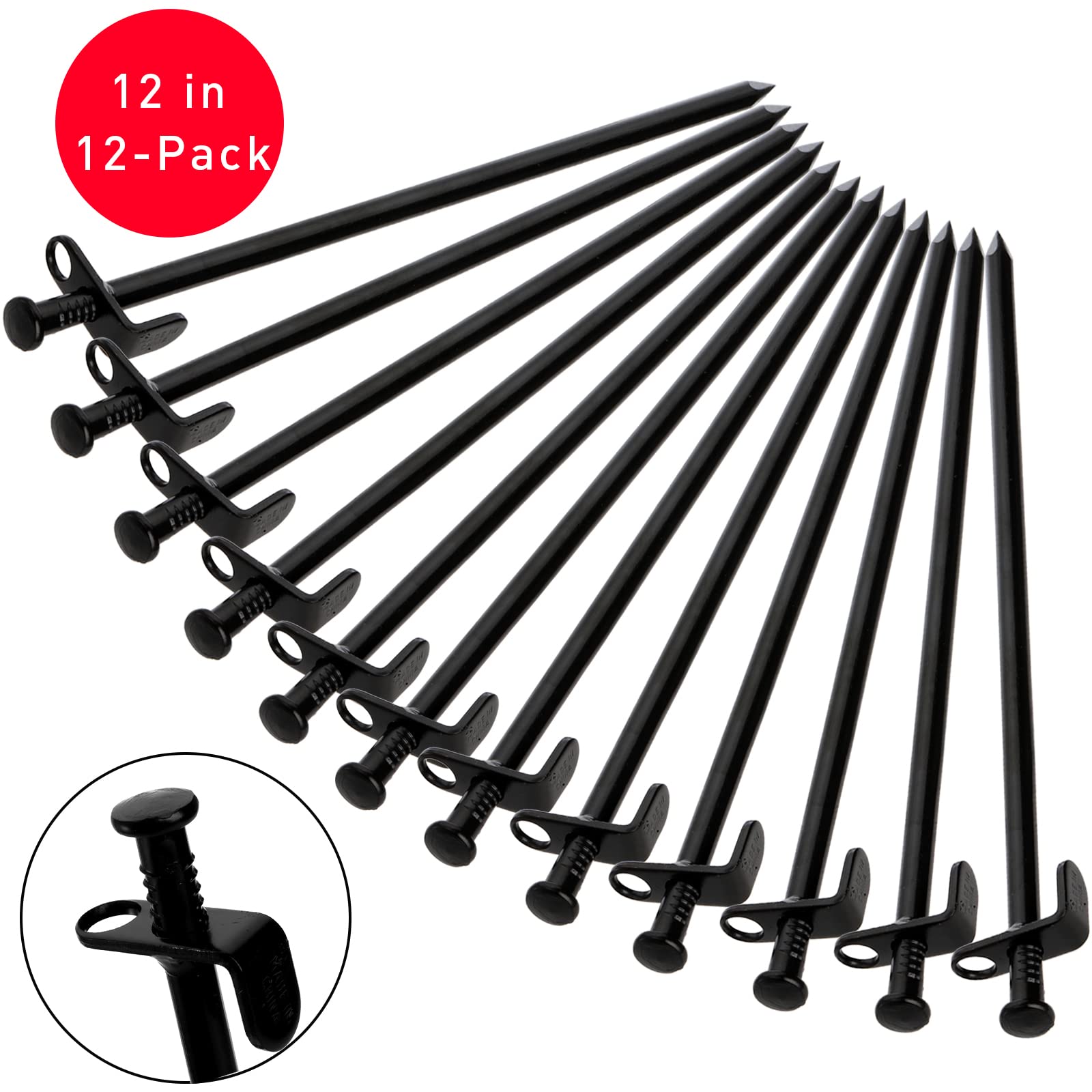 Lawei 12 Stück Zeltheringe, 30.5 cm Mehrzweck-Campingpfähle, schwarze unzerbrechliche und unflexible Metall-Erdspieße für Outdoor, Ausflüge, Gartenarbeit, erhältlich in Schneefeld und Grasland