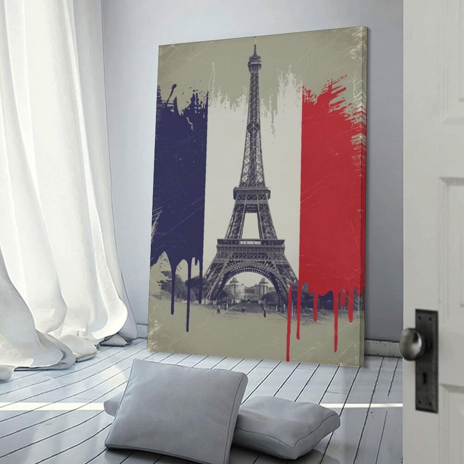 Junmoney Frame-Eiffel Tower With French Flag Eiffel Tower With French Flag Decorative Canvas Print 20X30inch(50X75cm), For Home, Office, Studio Or Guest Room, Versatile Wall Decor For Many Rooms