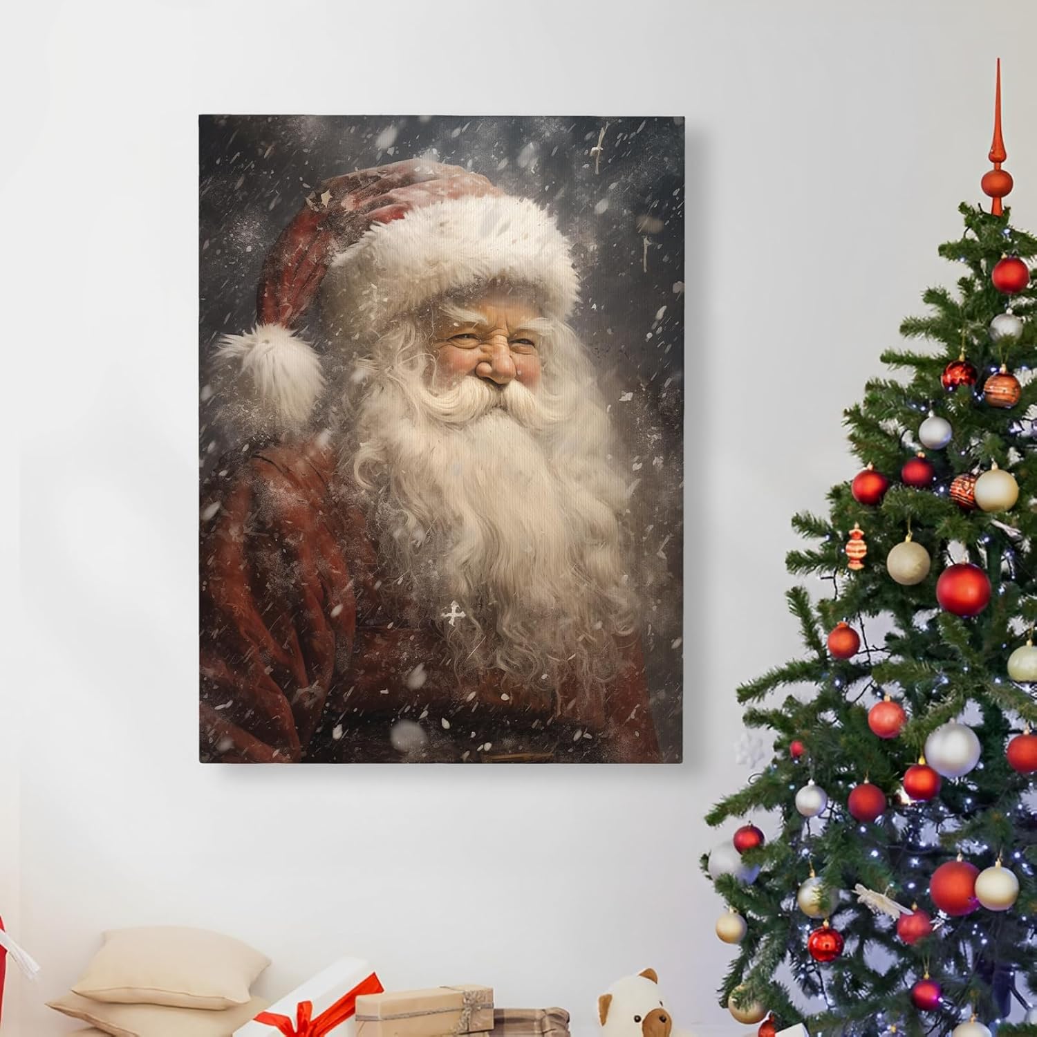 Christmas Canvas Wall Art 12x16 Inch – Vintage Santa Claus Print for Holiday Decor, Classic Santa Painting Picture for Living Room or Entryway