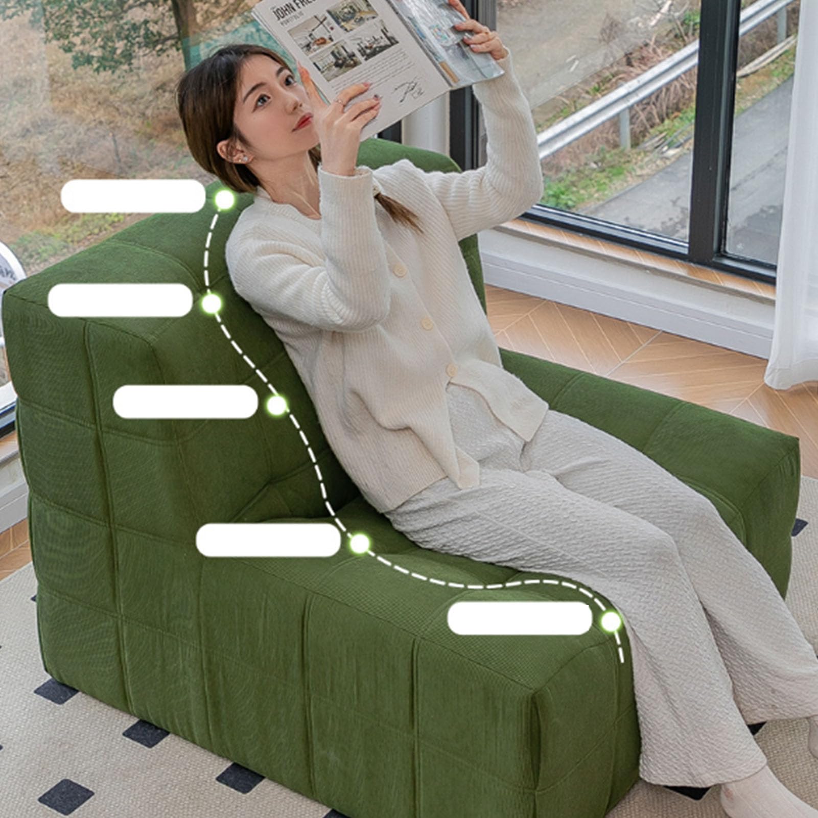 Lazy Floor Sofa für Wohnzimmer, Cord-Sofa ohne Armlehnen im Retro-Stil, dekoratives, gemütliches Sofa für den Innenbereich, Schaumstoff-Sofa-Akzentstuhl für Wohnzimmer, Schlafzimmer und Büro, Grün