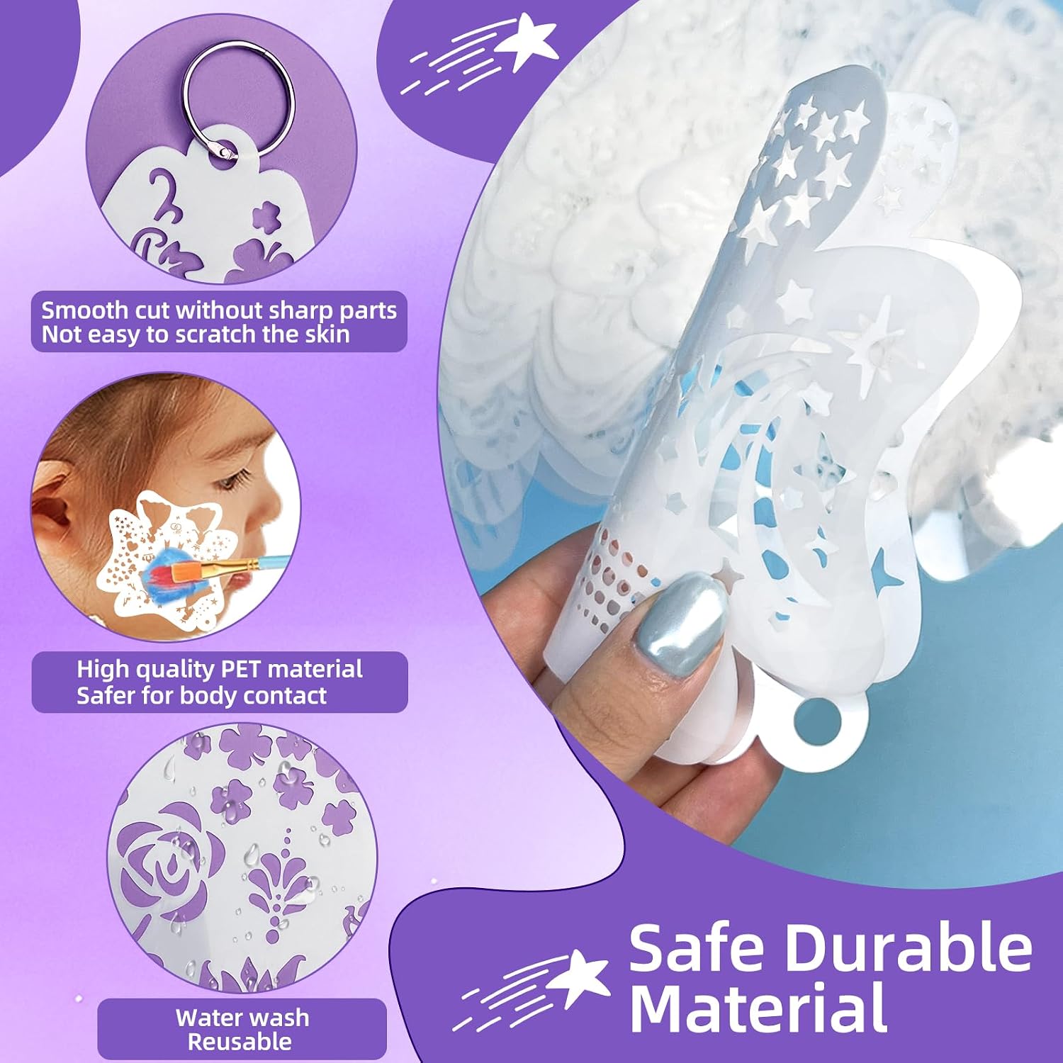 50Pcs Fairy Tale Princess Face Paint Stencils Kit,Reusable Body Facial Painting Art Templates for Halloween, Party Makeup and Temporary Tattoo Art with Brushes,Sponge,Stickers,Diamond