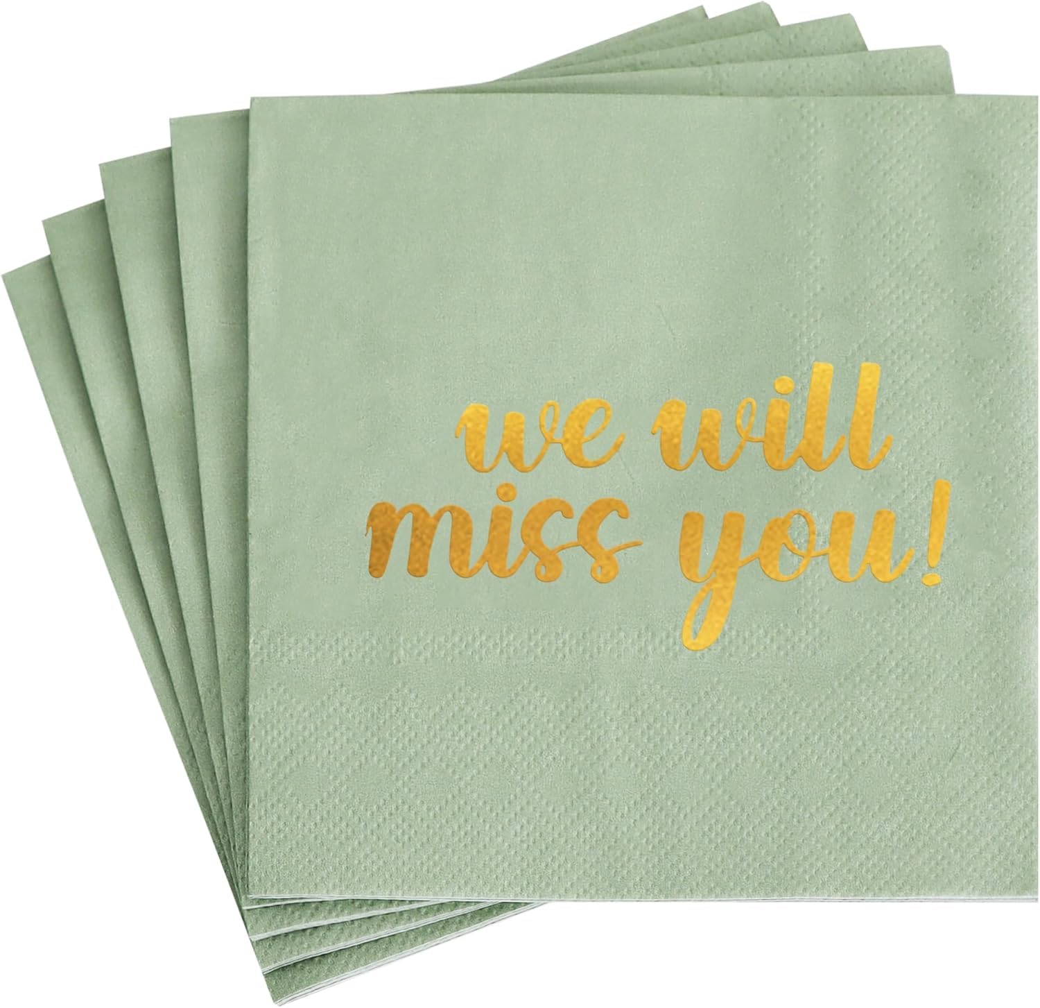 DecoGlee 50 Pack We Will Miss You Cocktail Napkins - Farewell Party Decorations for Coworkers Leaving, Retirement,Graduation, Military Goodluck & Moving Celebrations(5" Folded 2 Ply-Sage Green)