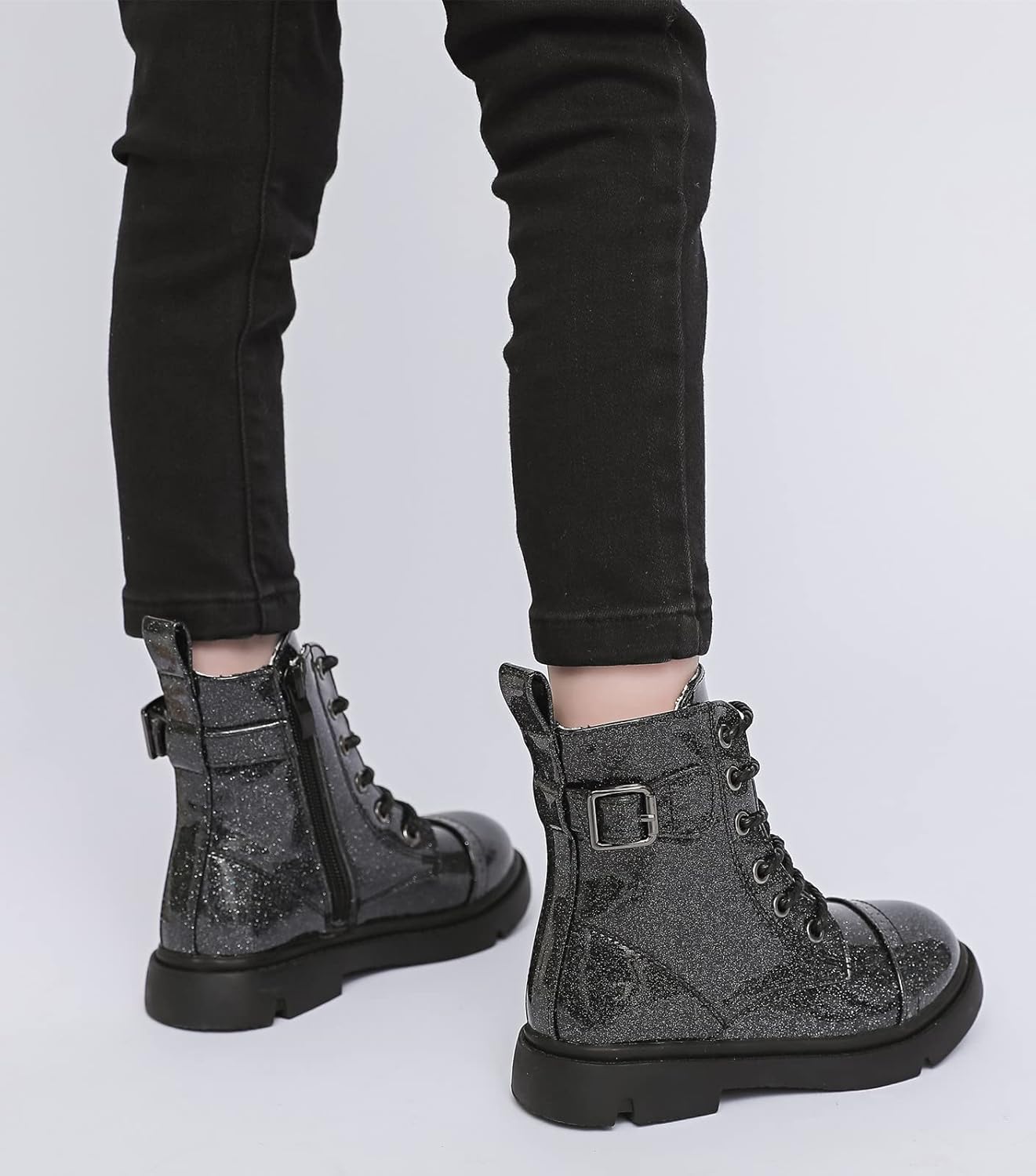 kkdom Boys Girls Waterproof Outdoor Glitter Lace Up Side Zipper Mid Calf Combat Boots(Toddler/Little Kid/Big Kid)