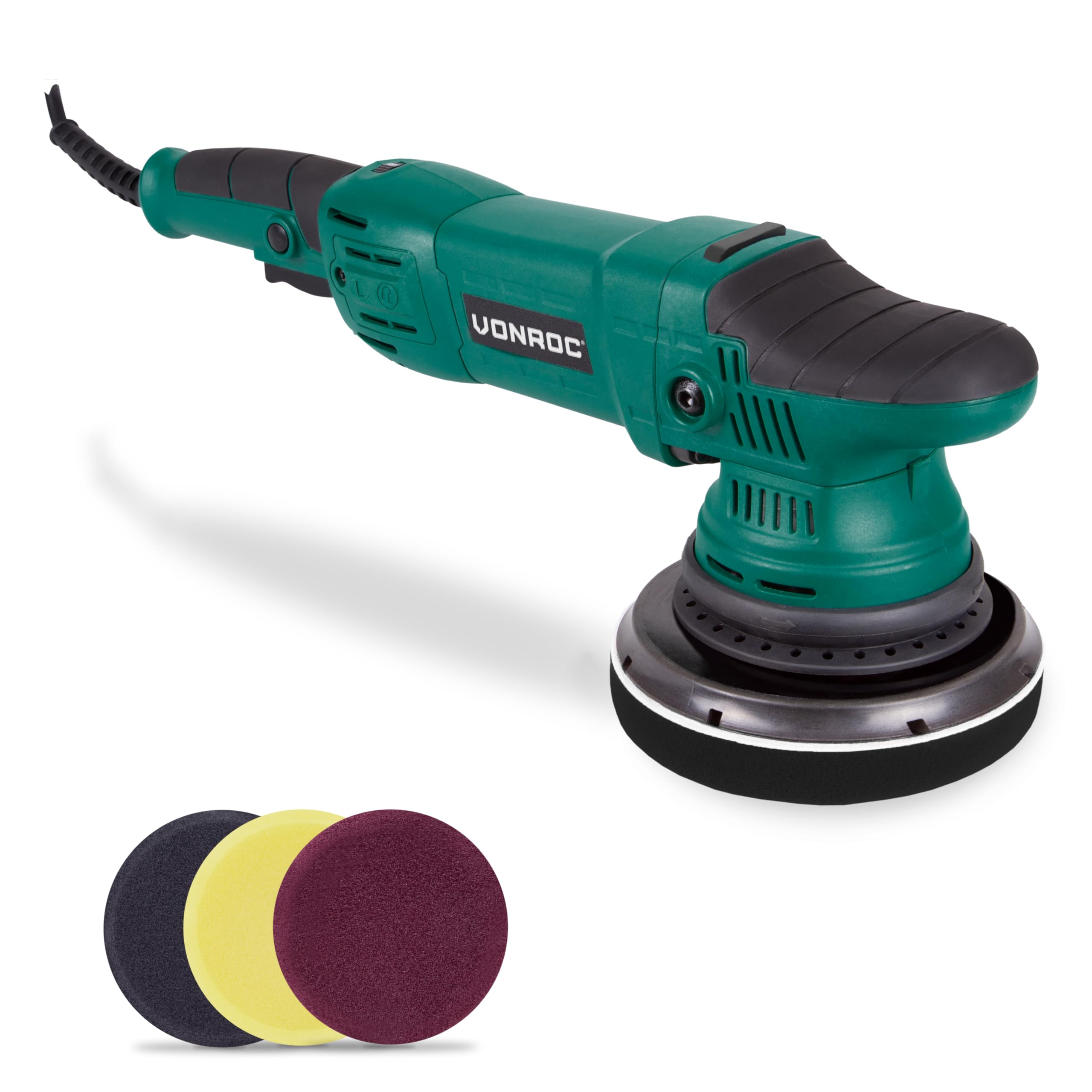 VONROC Lucidatrice Auto 1050W, Orbitale Doppia Azione 21mm, Velocità Variabile 1400–4800 RPM, Disco 150mm con Velcro, Soft Start, Cavo 4m – Per Lucidatura Auto, Barca e Rimozione Graffi - Con 4 dischi