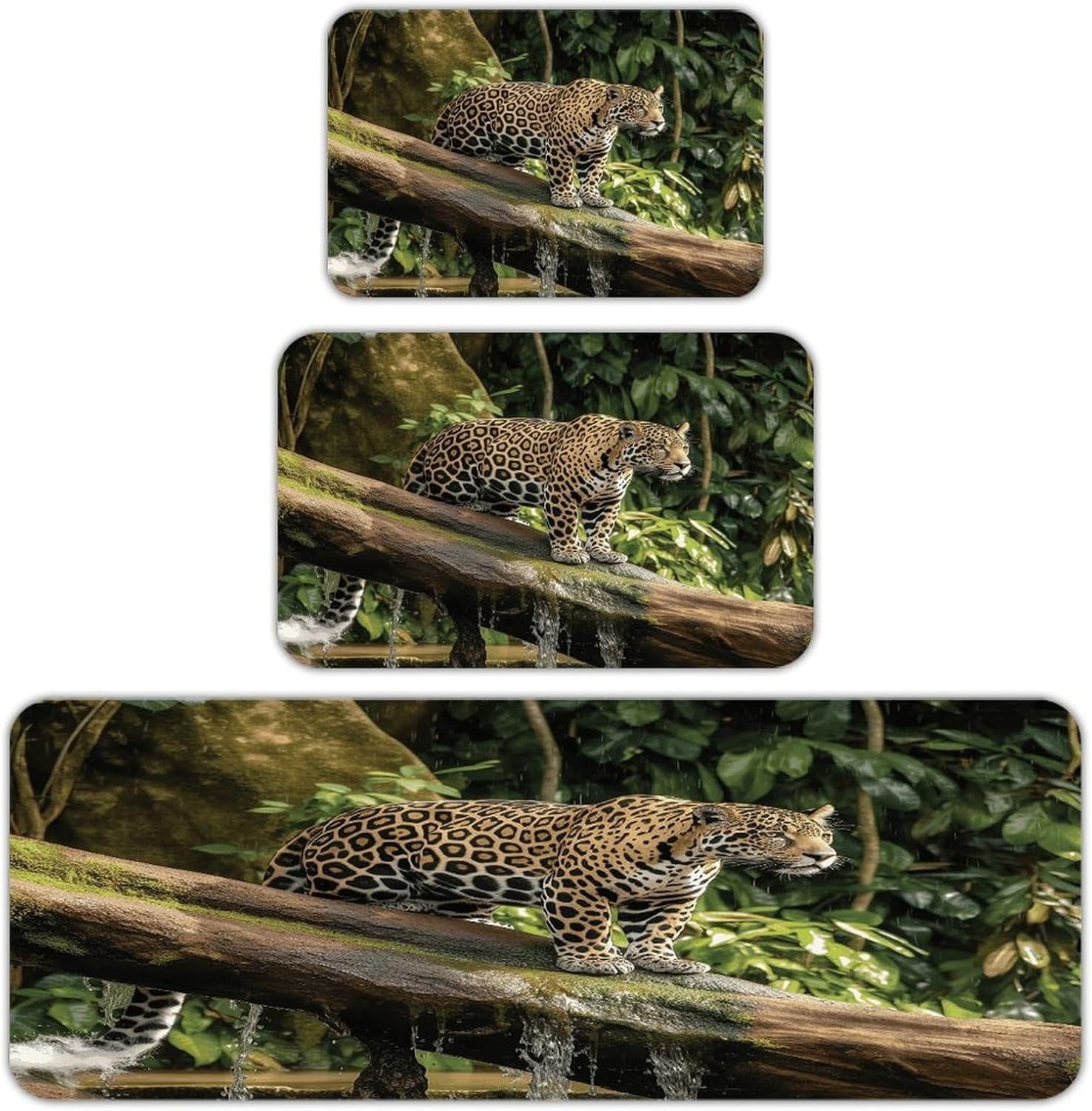 Jaguar Cat on Tree Trunk Waterfall Kitchen Mat Set of 3 Waterproof Floor Mats Non-Slip Kitchen Rugs Premium Flannel Rug Heavy Duty Standing Mat for Kitchen Home Bathroom Laundry