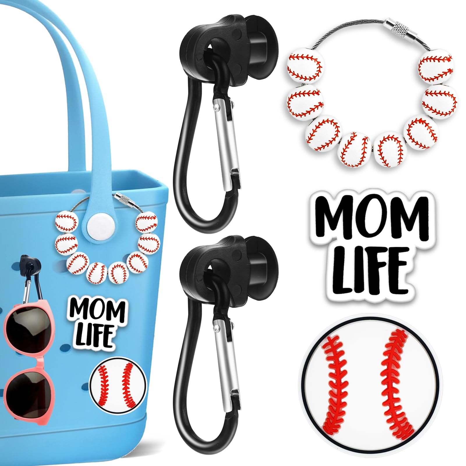 Lestp Sports Ball Momlife Charms Hook Holder for Bogg Bag Accessories Tote Beach Bag Decoration Charms Hook Set Baseball Softball Soccer Charm Bits