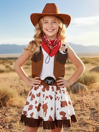 Cowgirl Costume for Girls Brown Western Outfit for Kids Halloween Party Dress Up with Cowboy Hat and Bandanna
