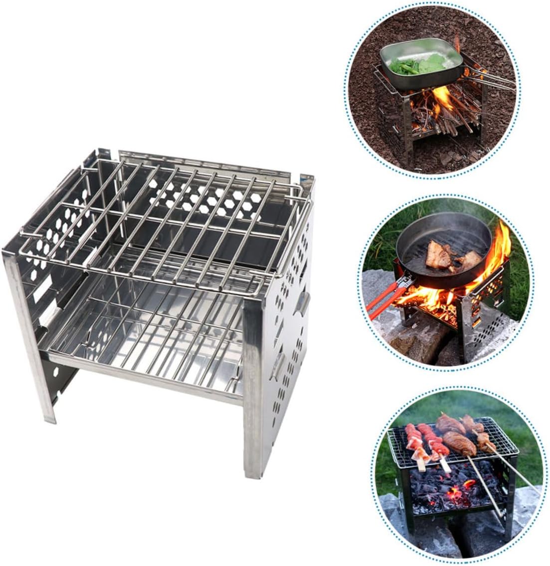 Housoutil Stainless Steel Bbq Stove Portable Charcoal Grill Rack Adjustable Height Foldable Outdoor Camping Barbecue Tool for Picnic and Hiking