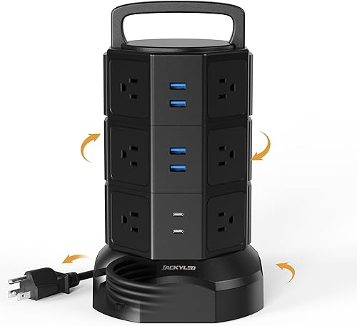 JACKYLED - Regleta de alimentación con protección contra sobretensiones, torre eléctrica de sobretensiones de 1625 W, 13 A, 12 tomas, 6 puertos USB,