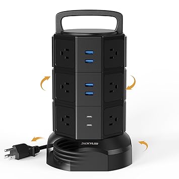 Power Strip Tower Surge Protector, JACKYLED 1625W 13A Outlet Surge Electric Tower, 12 Outlets 6 USB Ports Charging Station with 16AWG 6.5ft Heavy Duty Extension Cord for Home Office Dorm Black