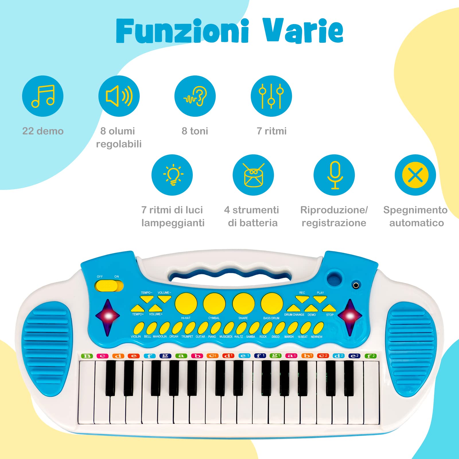 COSTWAY Tastiera Giocattolo a 31 Tasti, Pianoforte Digitale per Bambini, con Microfono Sgabello Luci, Funzioni di Record e Playback, Pianola Bambini con 22 Battiti/8 Toni/7 Ritmi, per 3+ Anni (Blu)