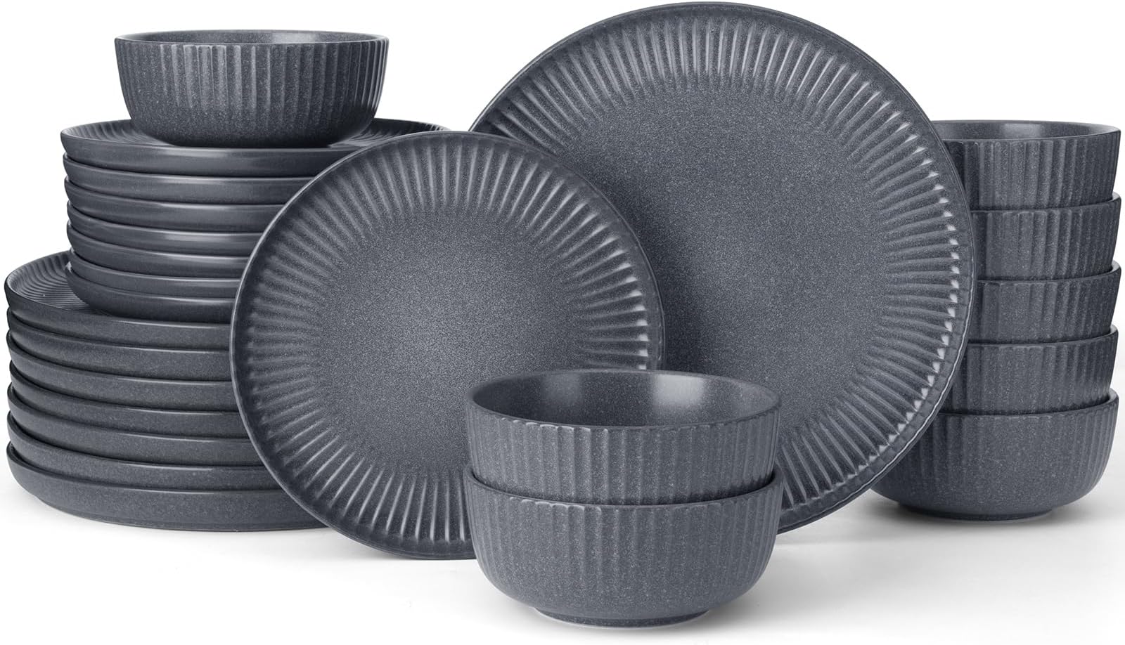 Famiware Starlight Dinnerware Sets, Plates and Bowls Dish Set of 8 (24 Pieces), Ribbed Textured Tableware - Dishwasher & Microwave Safe, Chip Resistant, Reactive Glaze, Matte Midnight Grey