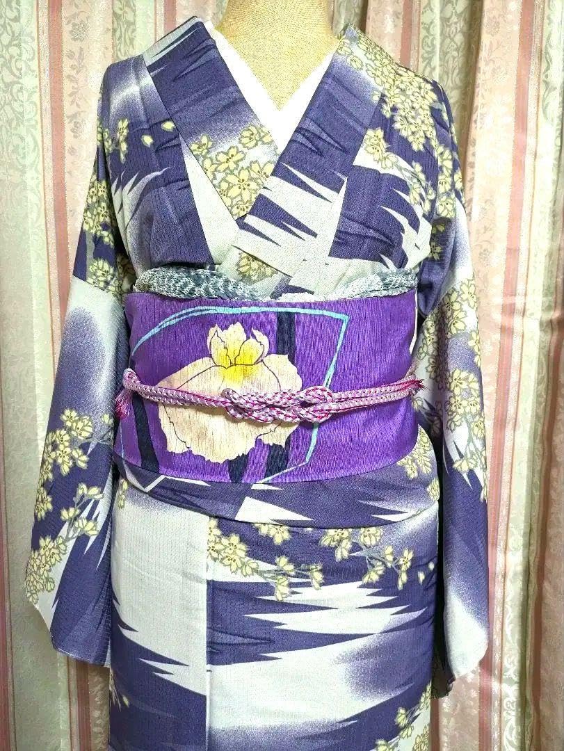 Amazon.co.jp: 糸付紫洗える着物 花柄刺繍帯 紫あやめ帯 2点セット