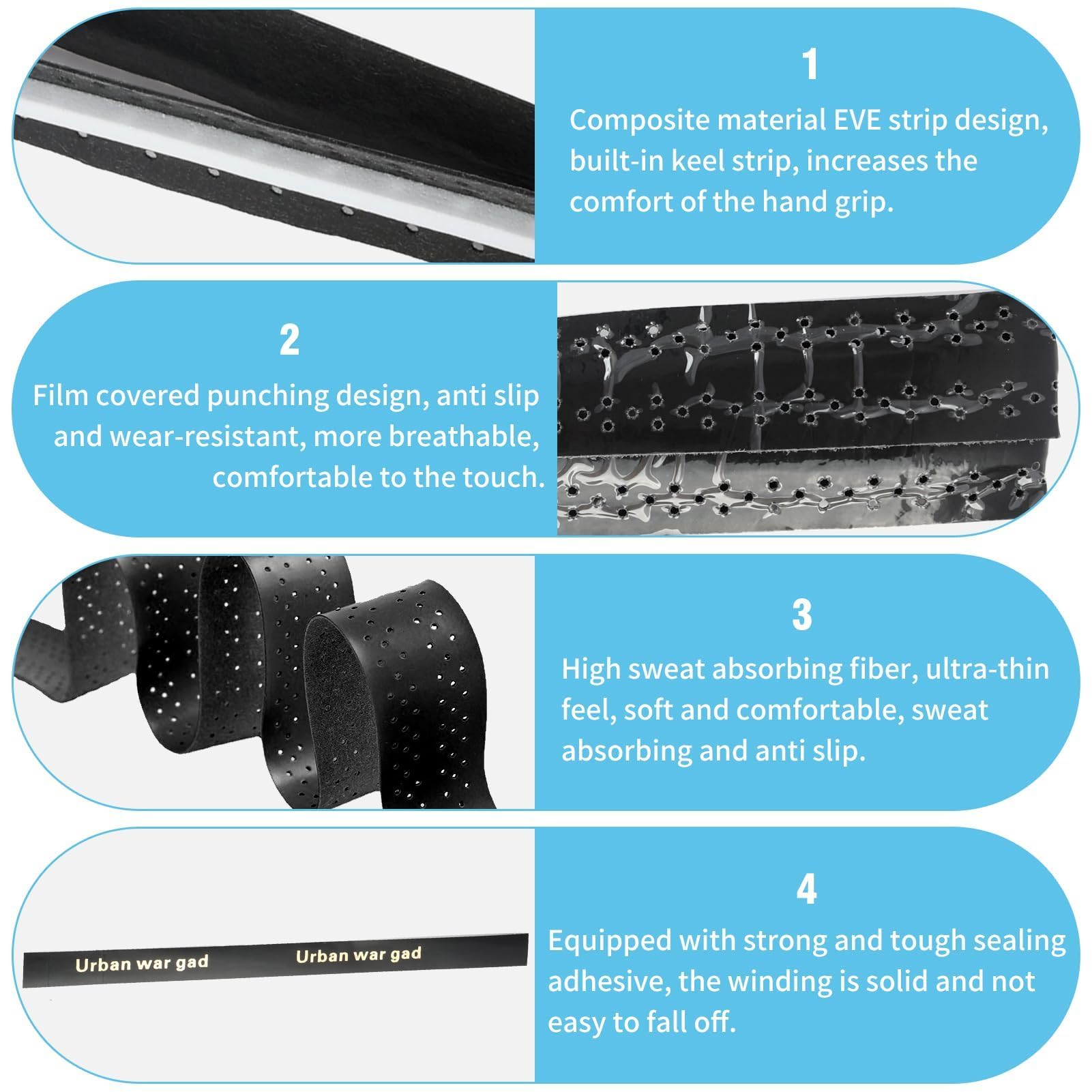 Overgrips Antideslizantes para Raquetas, Negros Perforados, Absorción Sudor, 5 Unidades