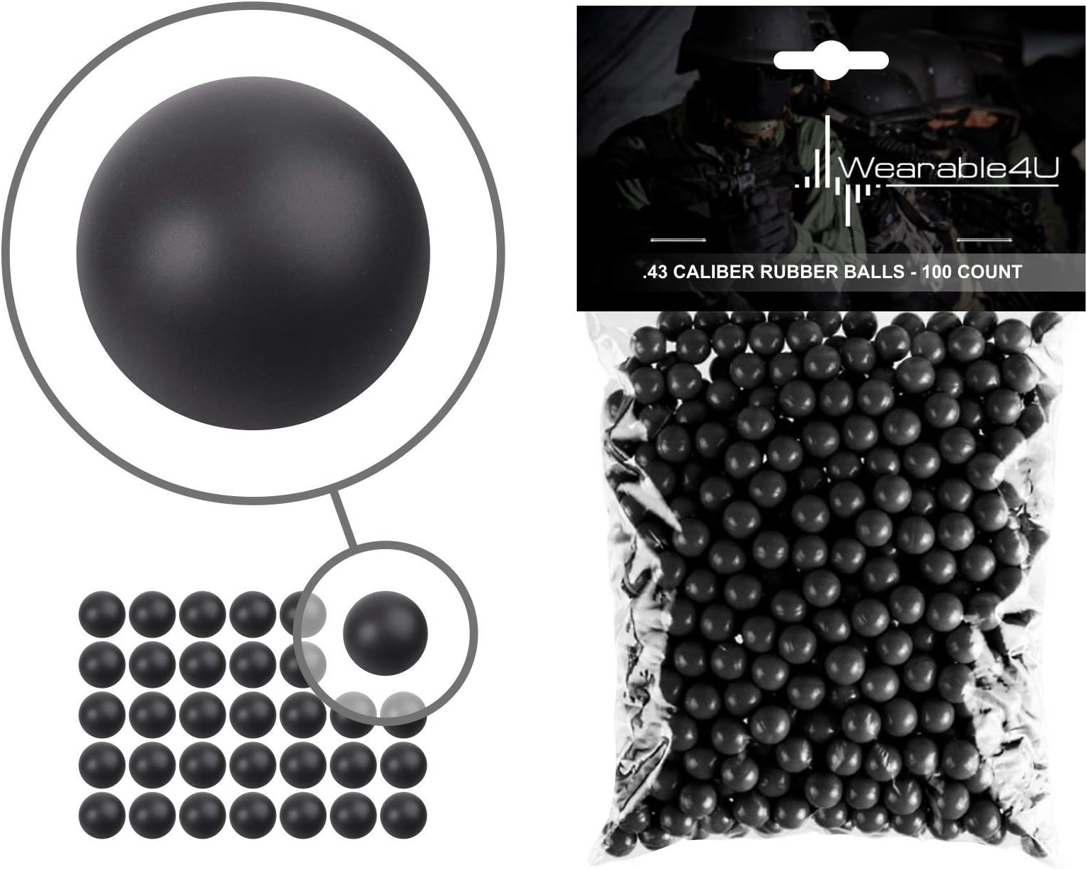 Wearable4U .43 Caliber Rubber Balls New Reusable Training Soft Rubber Balls for Paintball Guns (100 Rounds, Black)