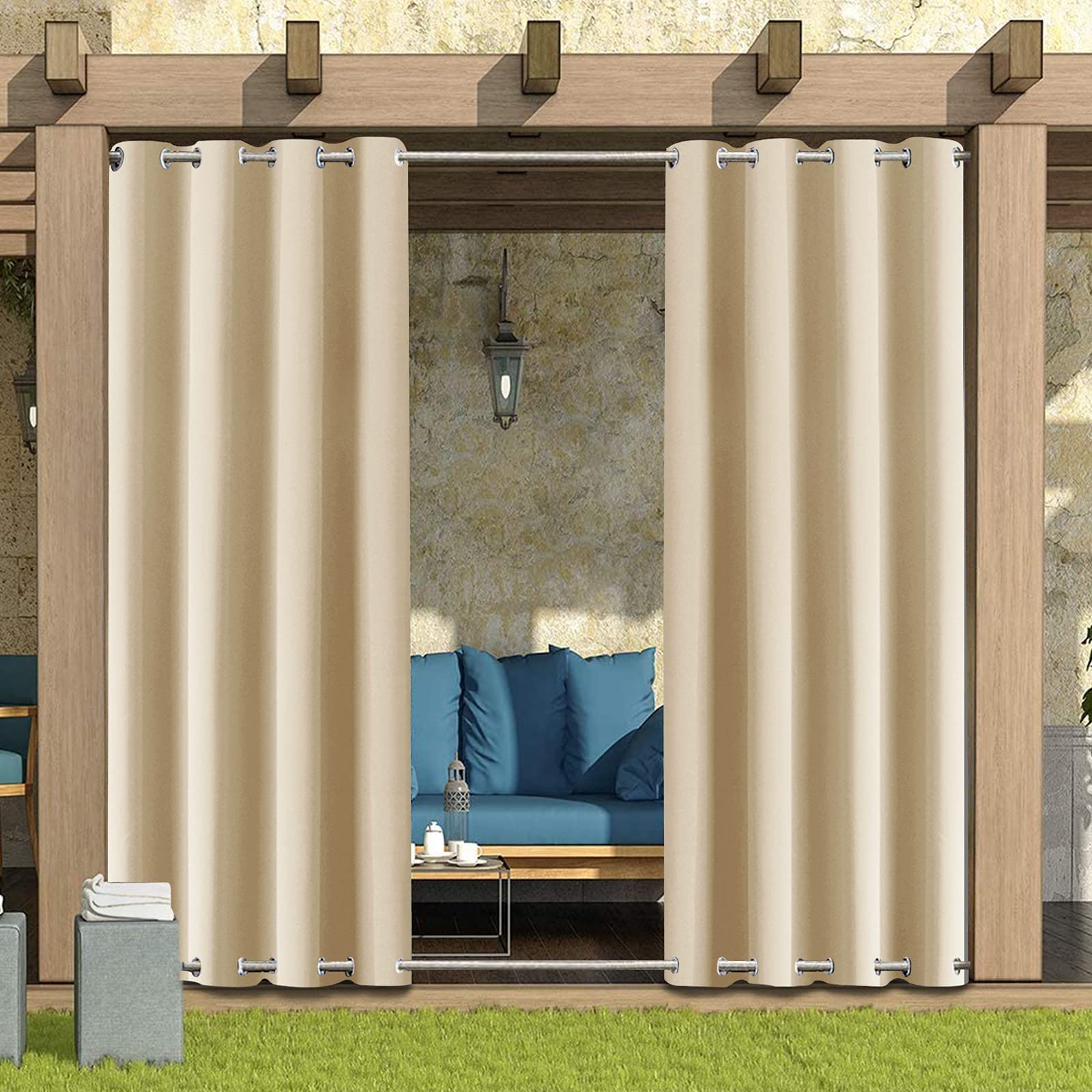 Outdoor Curtains Waterproof with Grommet (Top and Bottom) - Garden Gazebo Patio Windproof Blackout Thermal Insulated Privacy Outdoor Curtain for Pergola Porch Pool (Beige, 2 Panel 52" x 94") — image 1
