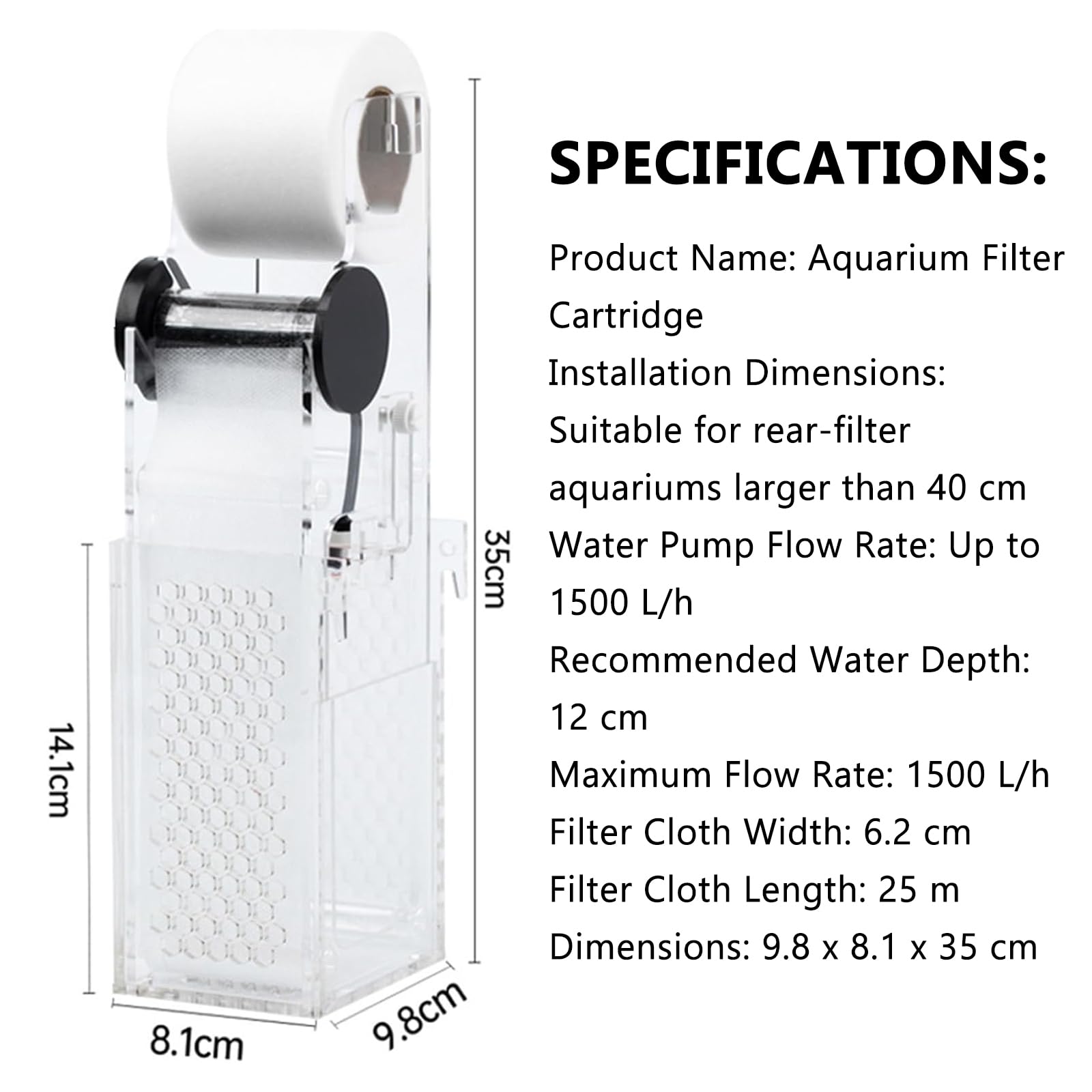 Automatischer Aquarium-Rollenfilter, intelligente Nass-Trocken-Trennung, Dual-Modus für Aquarien bis zu 1500 l/h, geeignet für Rückfilter Fischtanks über 40 cm