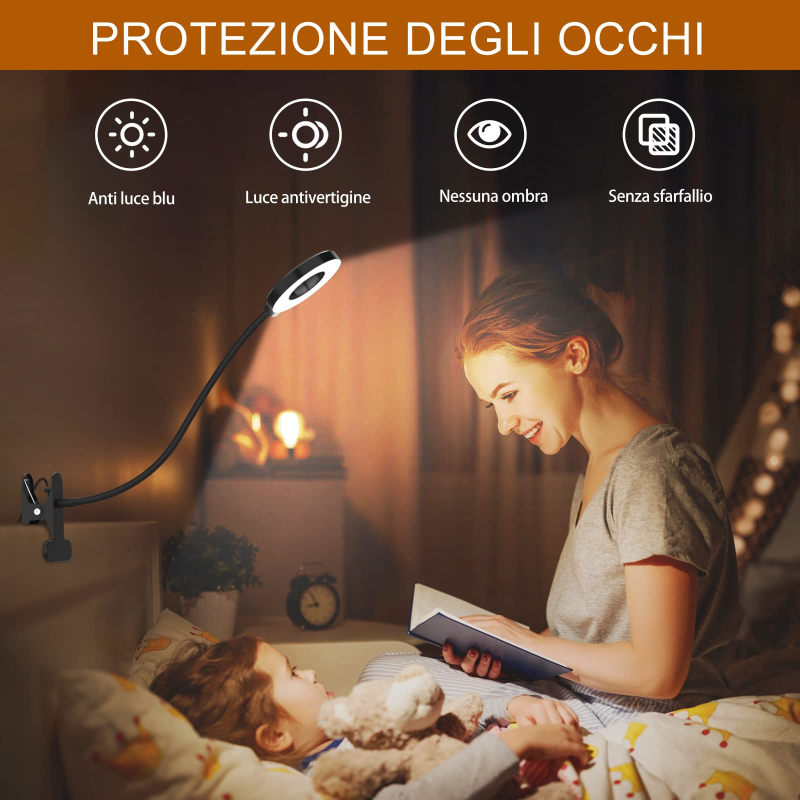 iZELL Lampada da Lettura 23 LED con Caricatore USB Lampada con Pinza-3 Colore e 10 Luminosità, Blocca 99.99% della Luce Blu Lampada Scrivania con Morsetto per Libro, Lavoro, Letto, Tavolo-40CM
