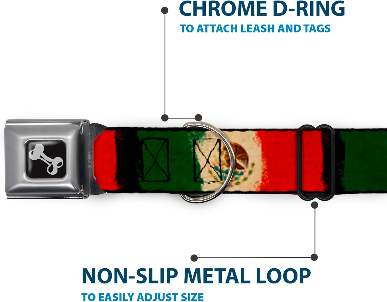 Buckle-Down Seatbelt Buckle Dog Collar - Mexico Flag Distressed Painting - 1.5" Wide - Fits 18-32" Neck - Large
