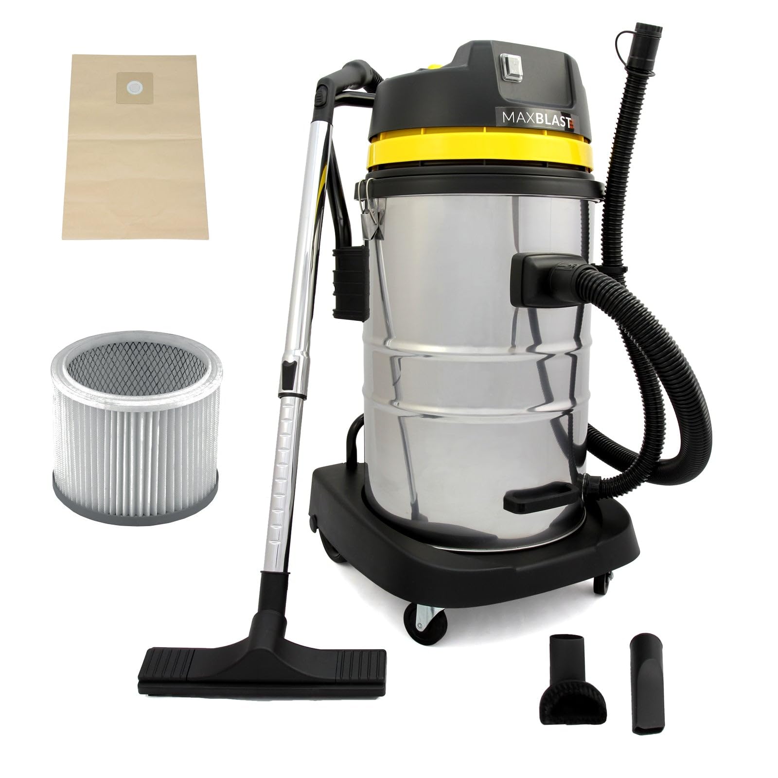MAXBLAST - Aspiradora Industrial en Seco y Húmedo Industrial Profesional Potente, Capacidad 50 litros,con Cable,Doble Filtro (1 Tela+1 HEPA),Manguera Larga,Aspirador Escoba para Limpieza de Alfombras